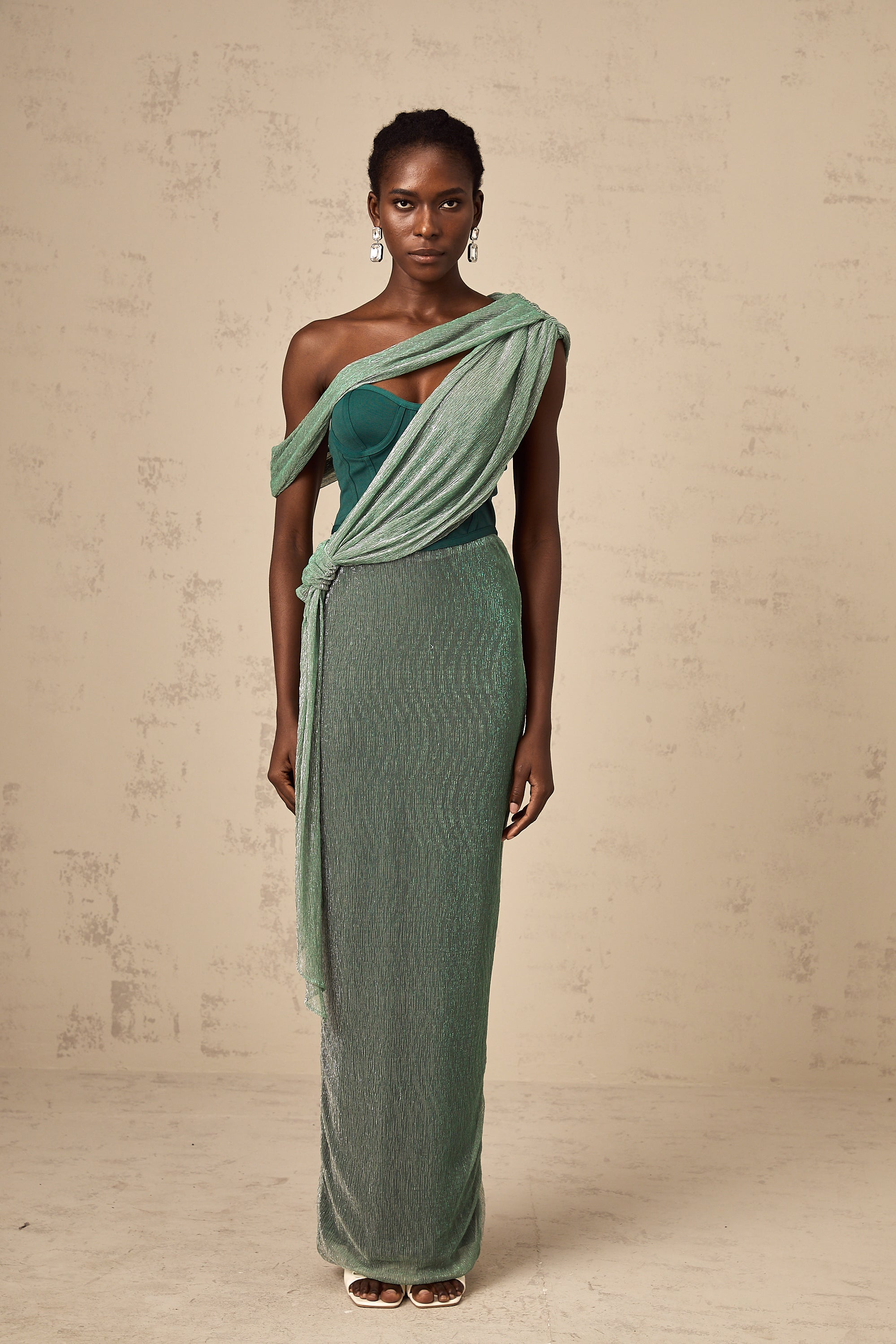 Delphine green ribbon-design corset maxi dress