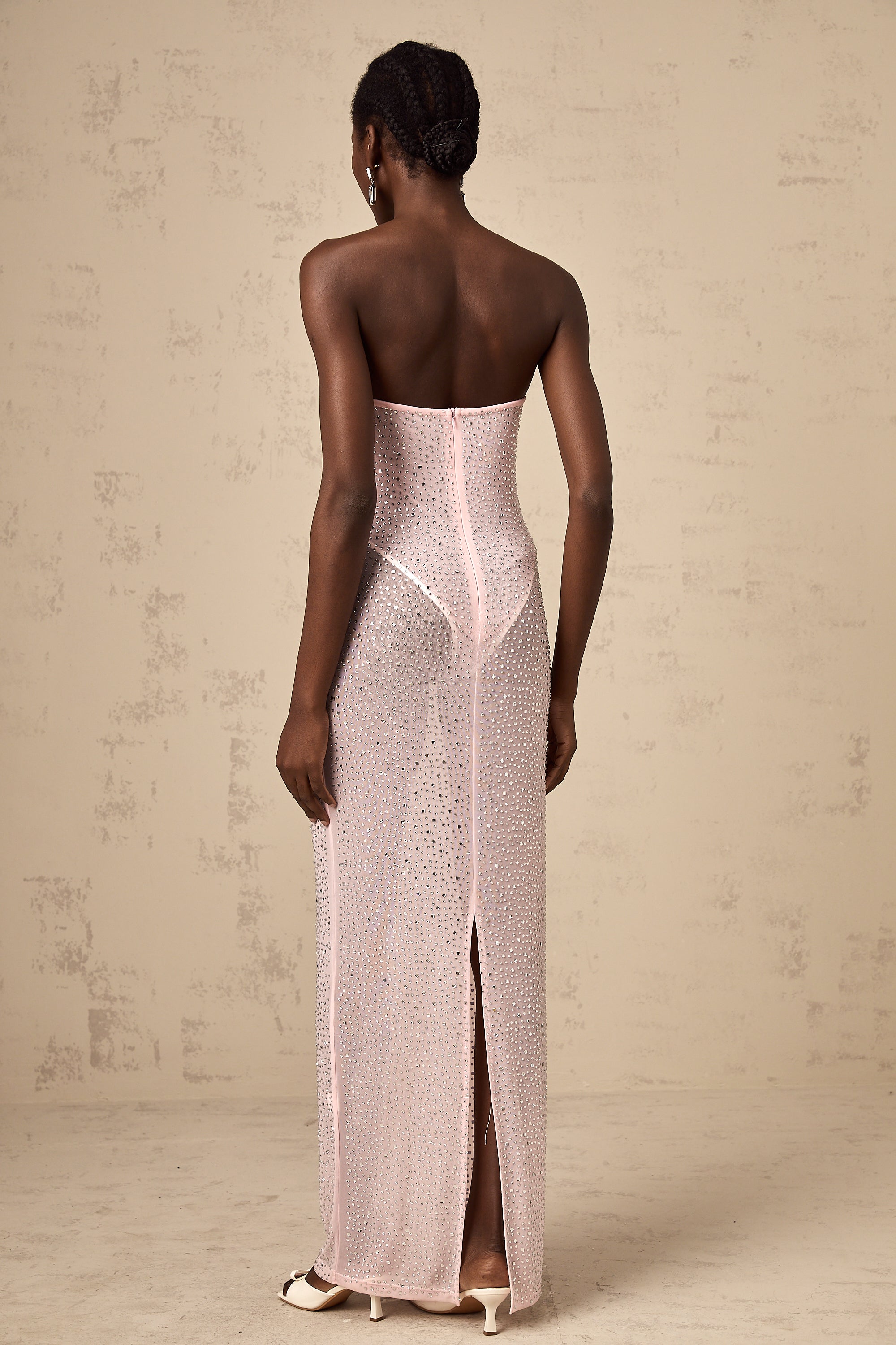 Donatella pink rhinestone-embellished semi-sheer maxi dress