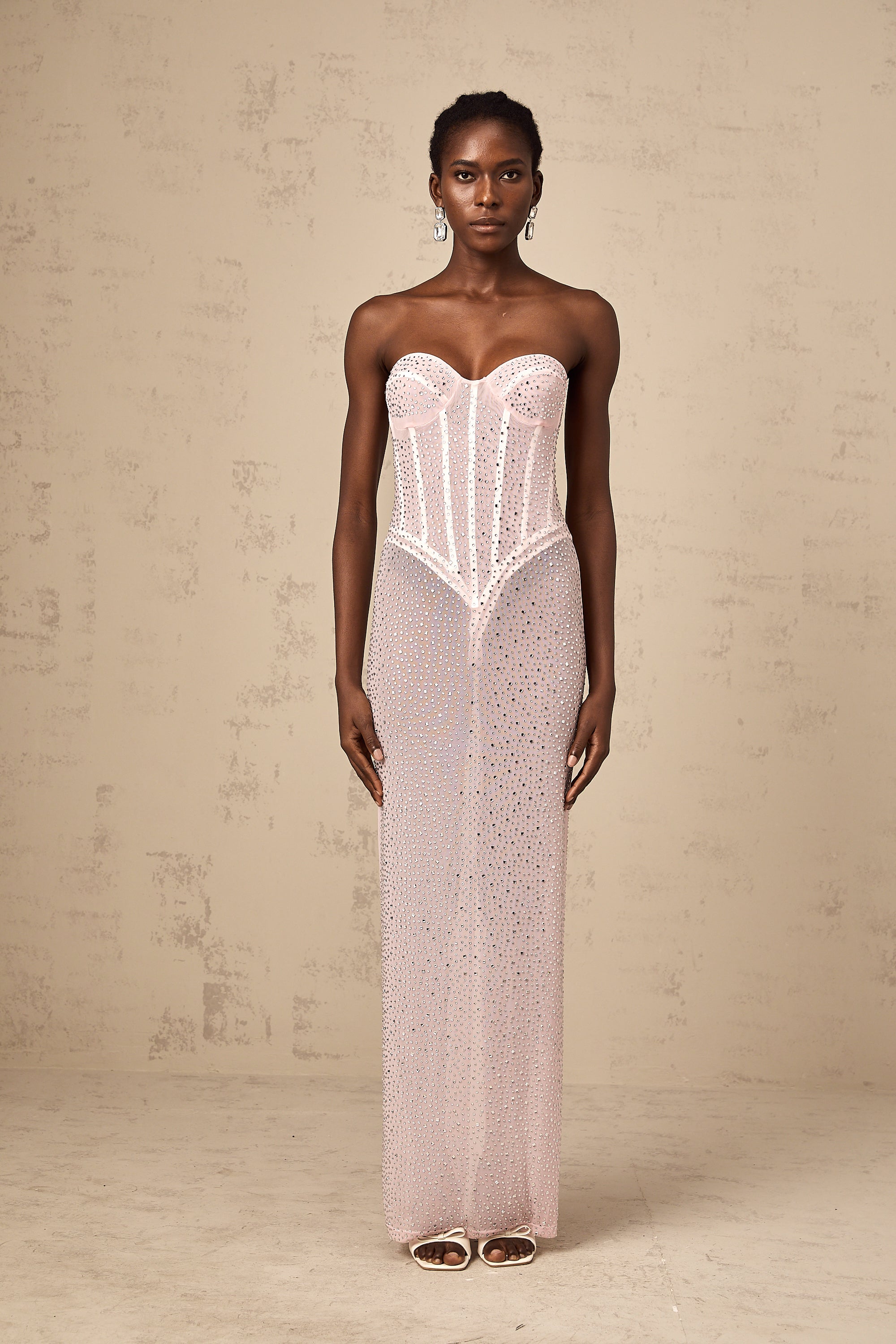 Donatella pink rhinestone-embellished semi-sheer maxi dress