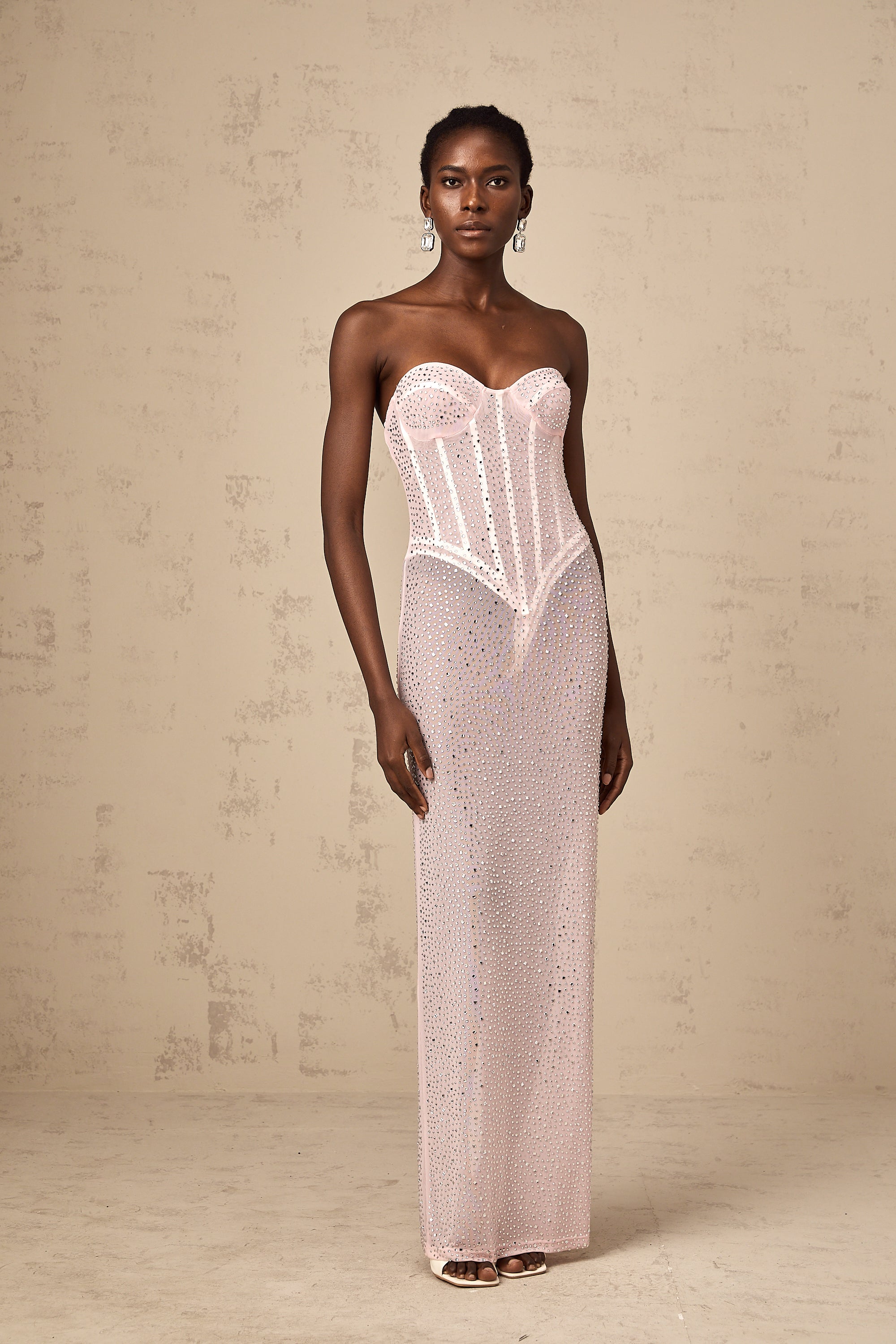 Donatella pink rhinestone-embellished semi-sheer maxi dress