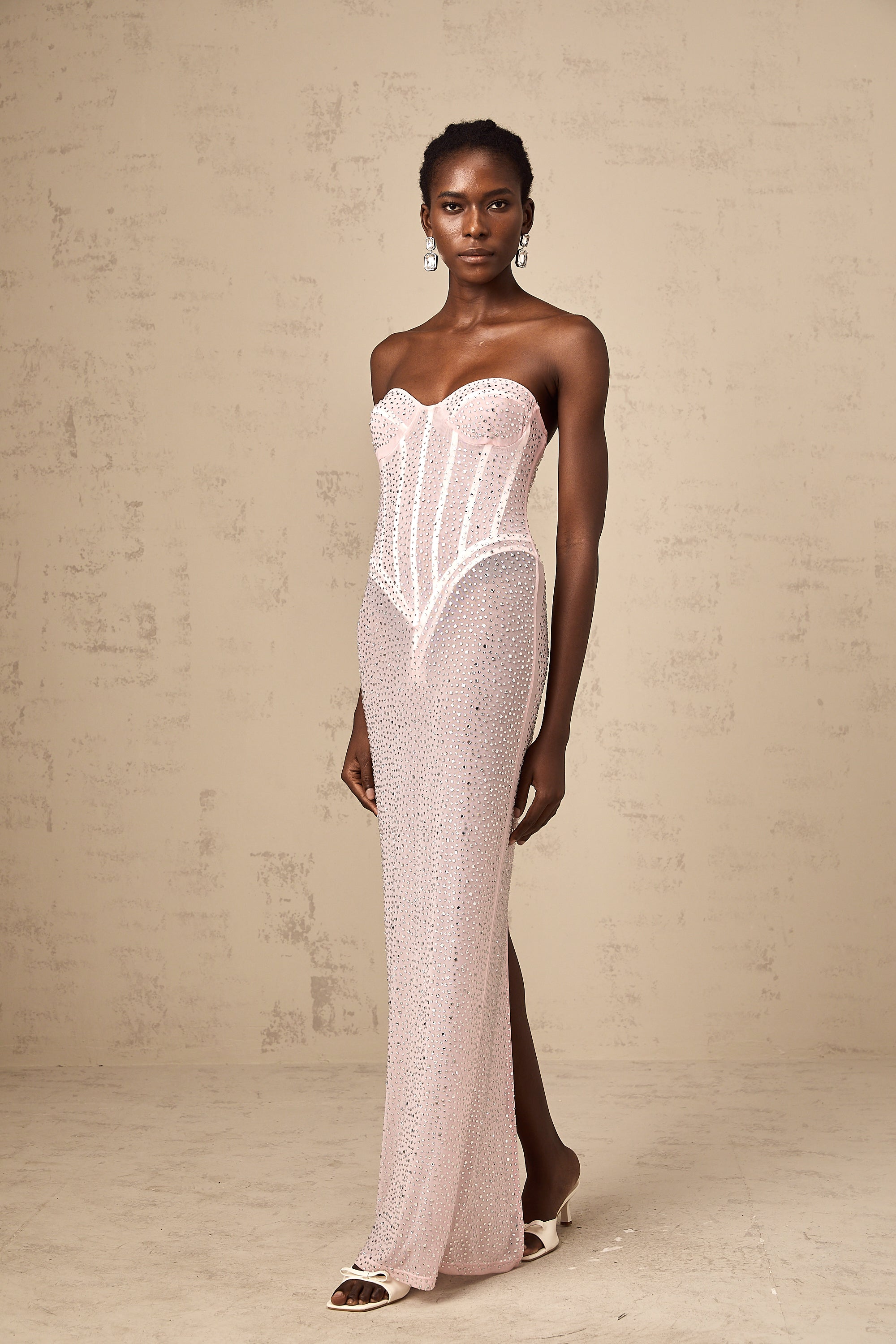 Donatella pink rhinestone-embellished semi-sheer maxi dress