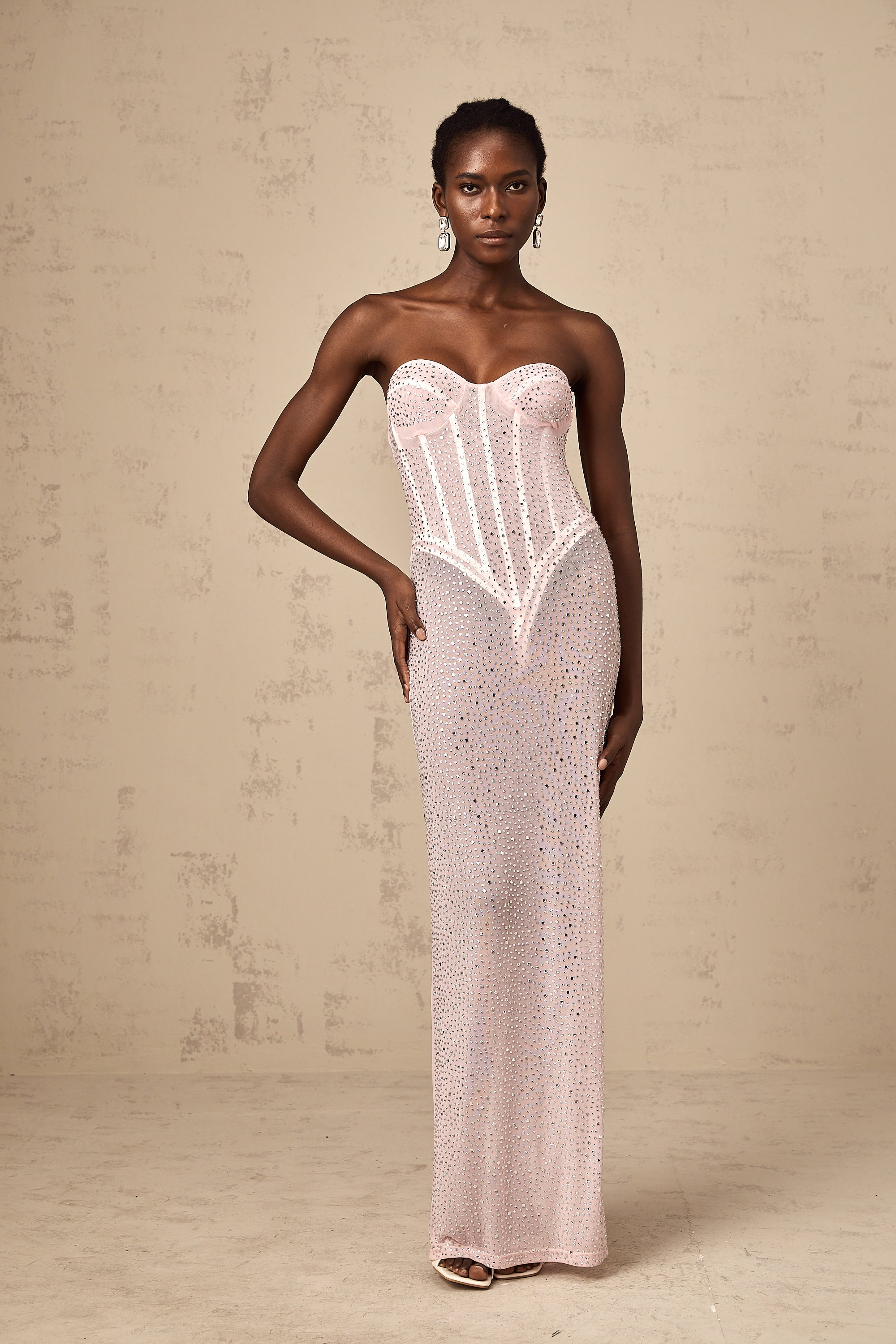 Donatella pink rhinestone-embellished semi-sheer maxi dress