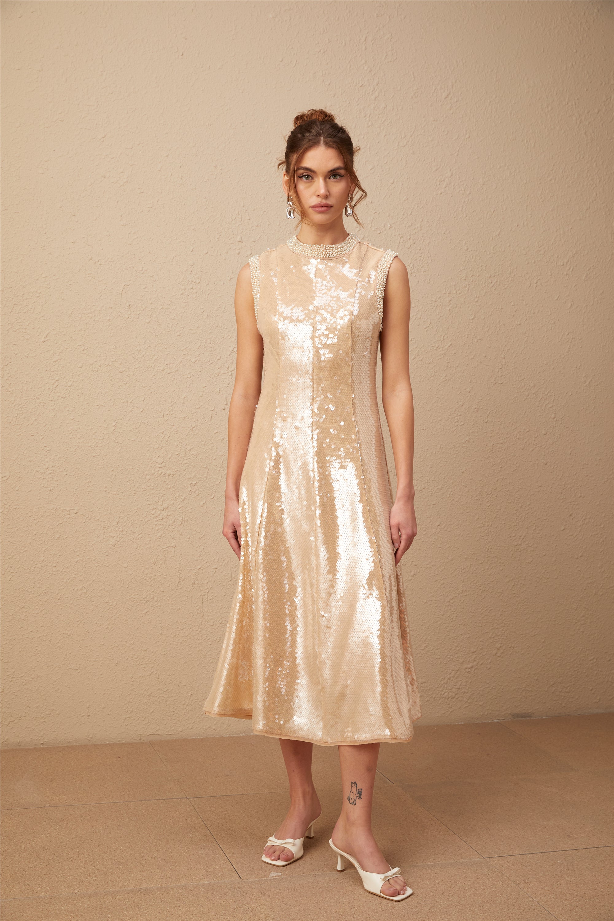 Ornella faux-pearl sequined midi dress