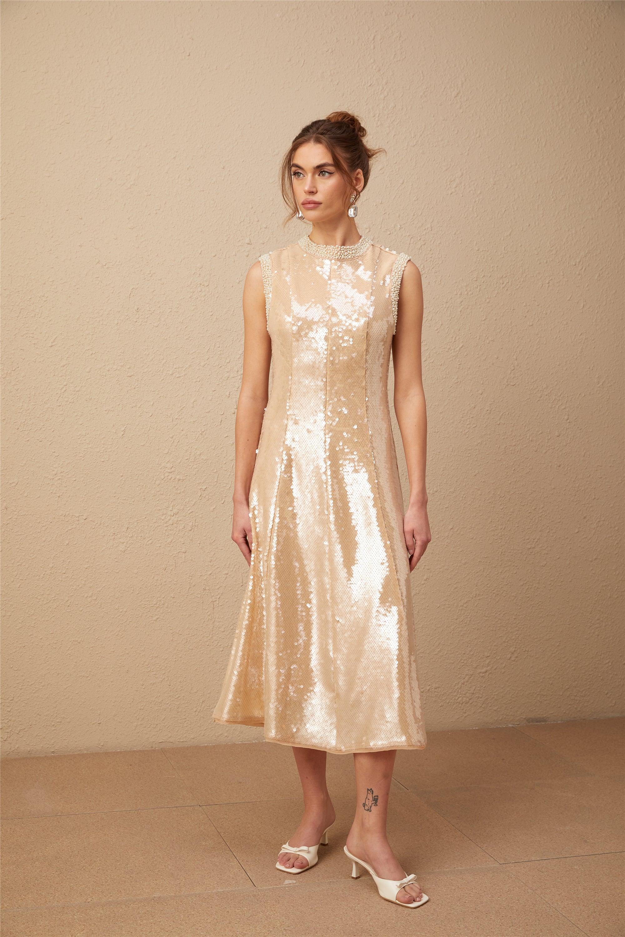 Ornella faux-pearl sequined midi dress