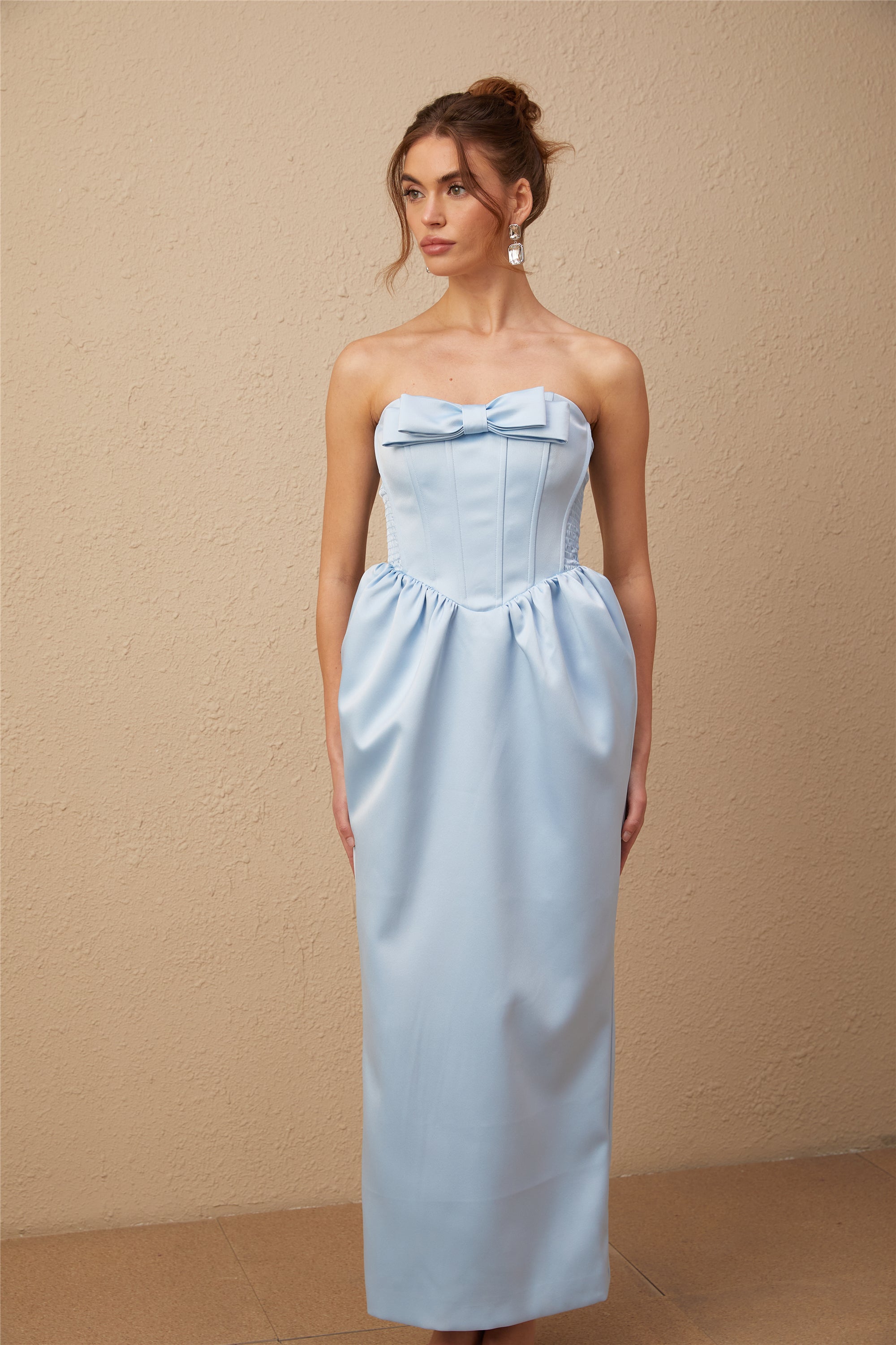 Sylvie blue satin bowknot off-shoulder midi dress