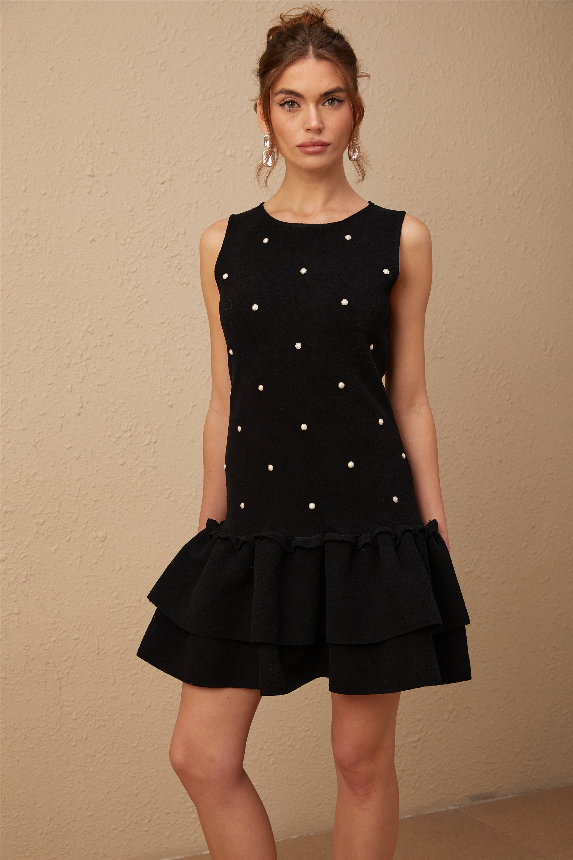 Blanche black bead-embellished knitted mini dress