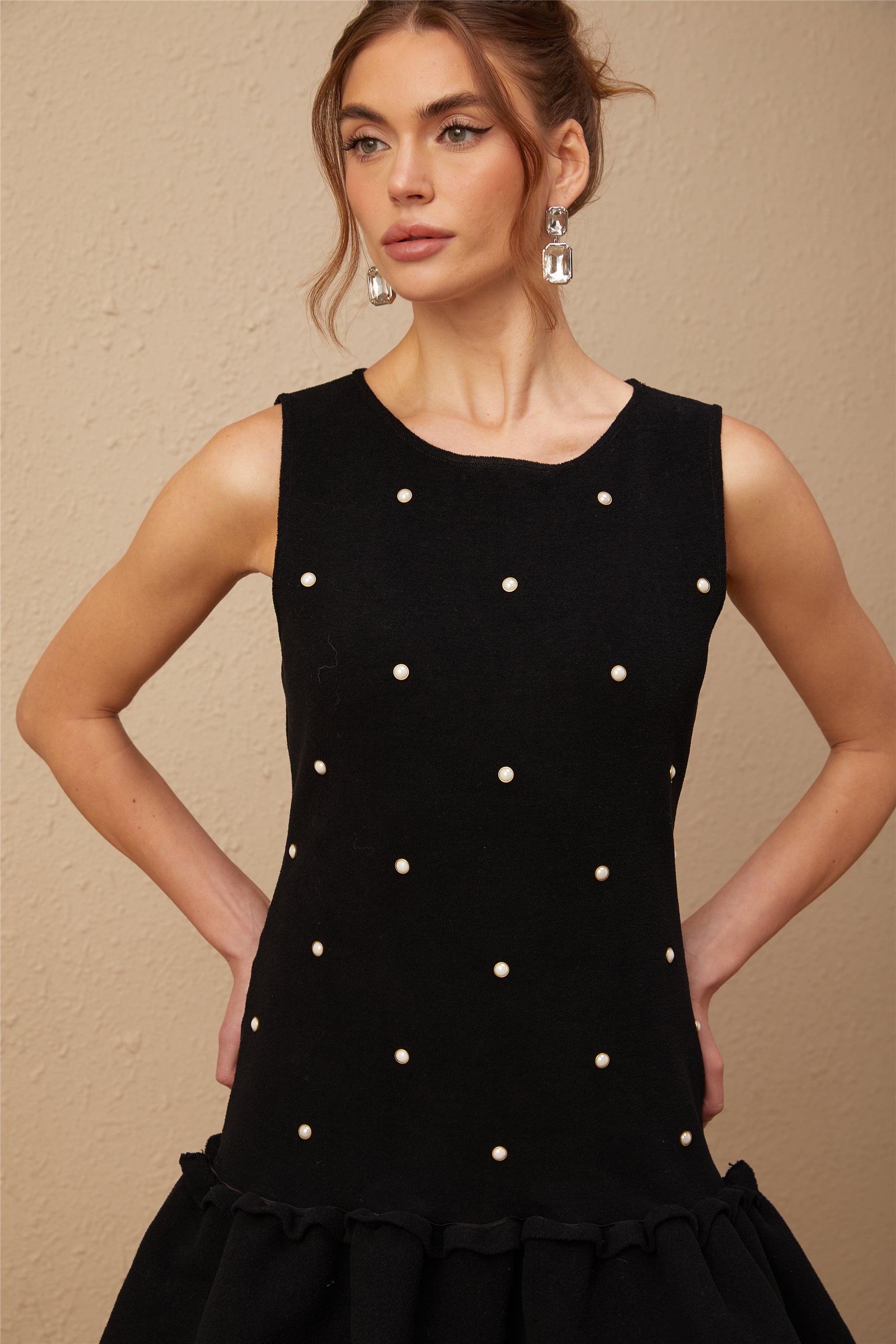 Blanche black bead-embellished knitted mini dress