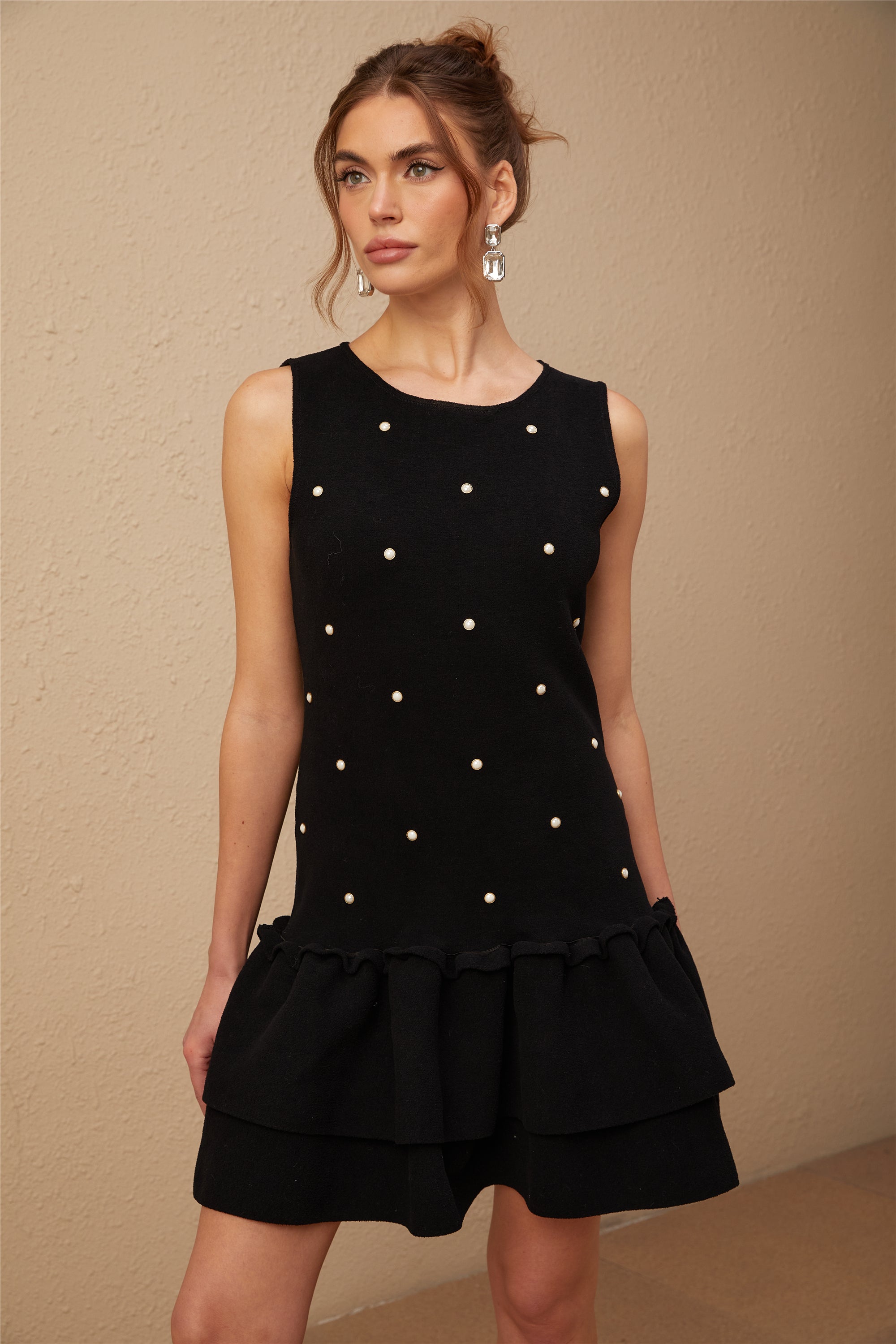 Blanche black bead-embellished knitted mini dress