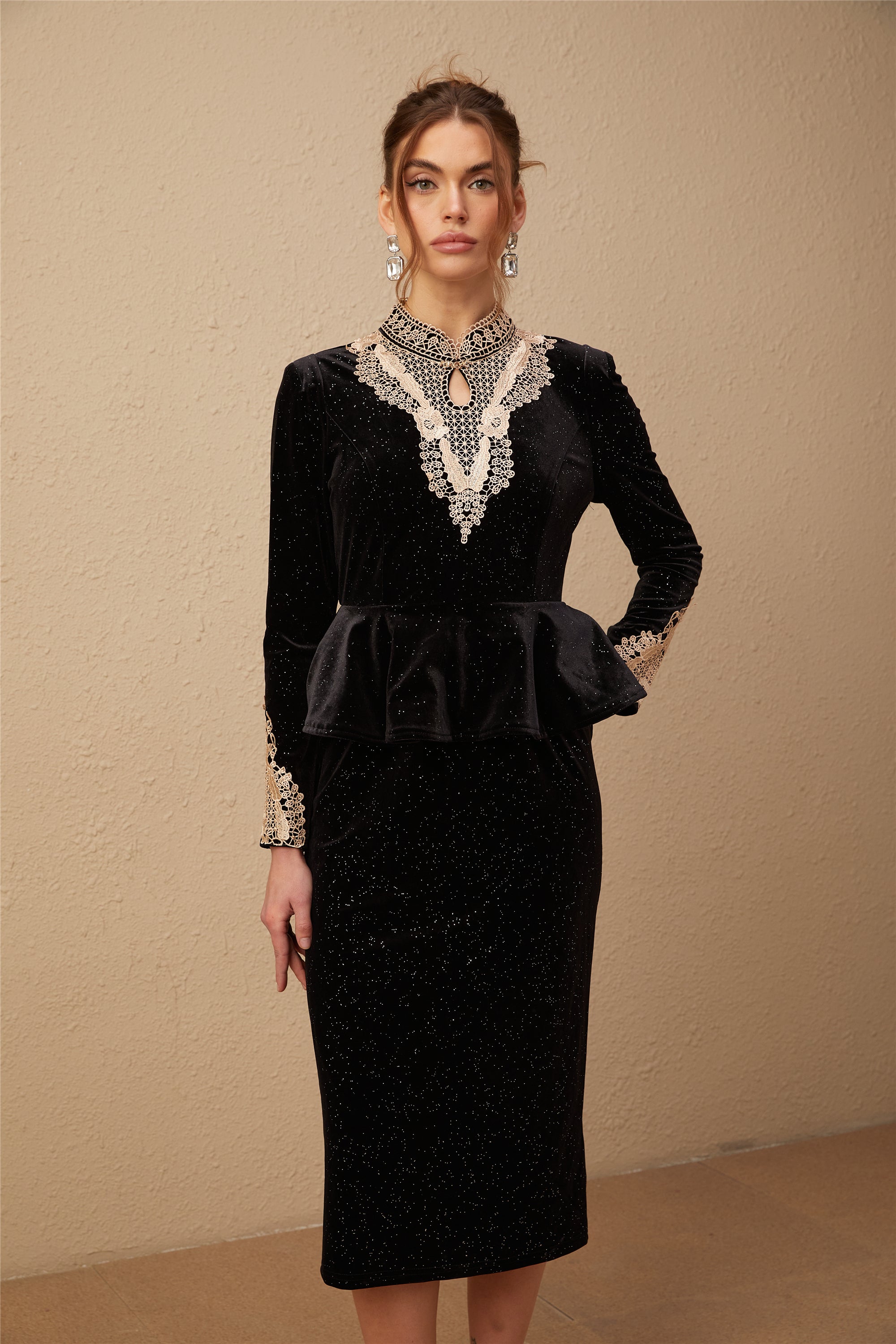 Roxane black velvet embellished midi dress