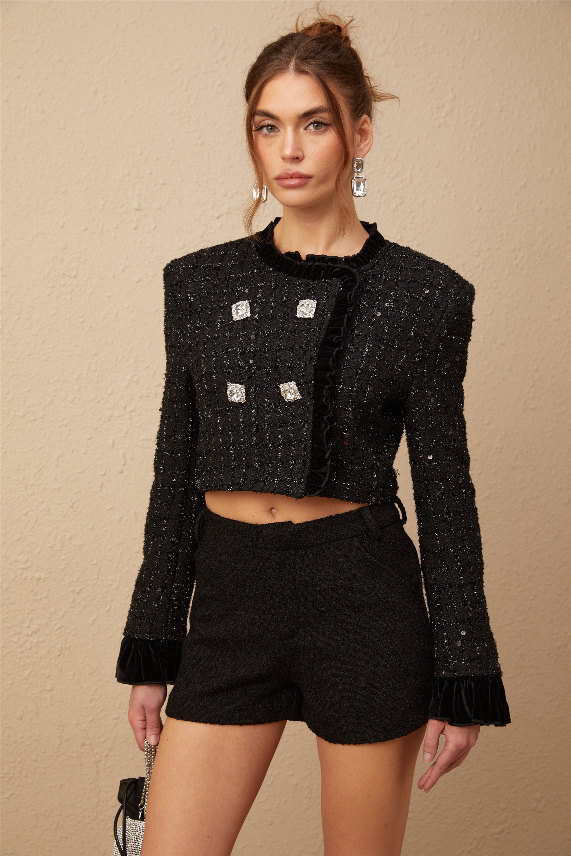 Angelica embellished ruffled cropped tweed jacket