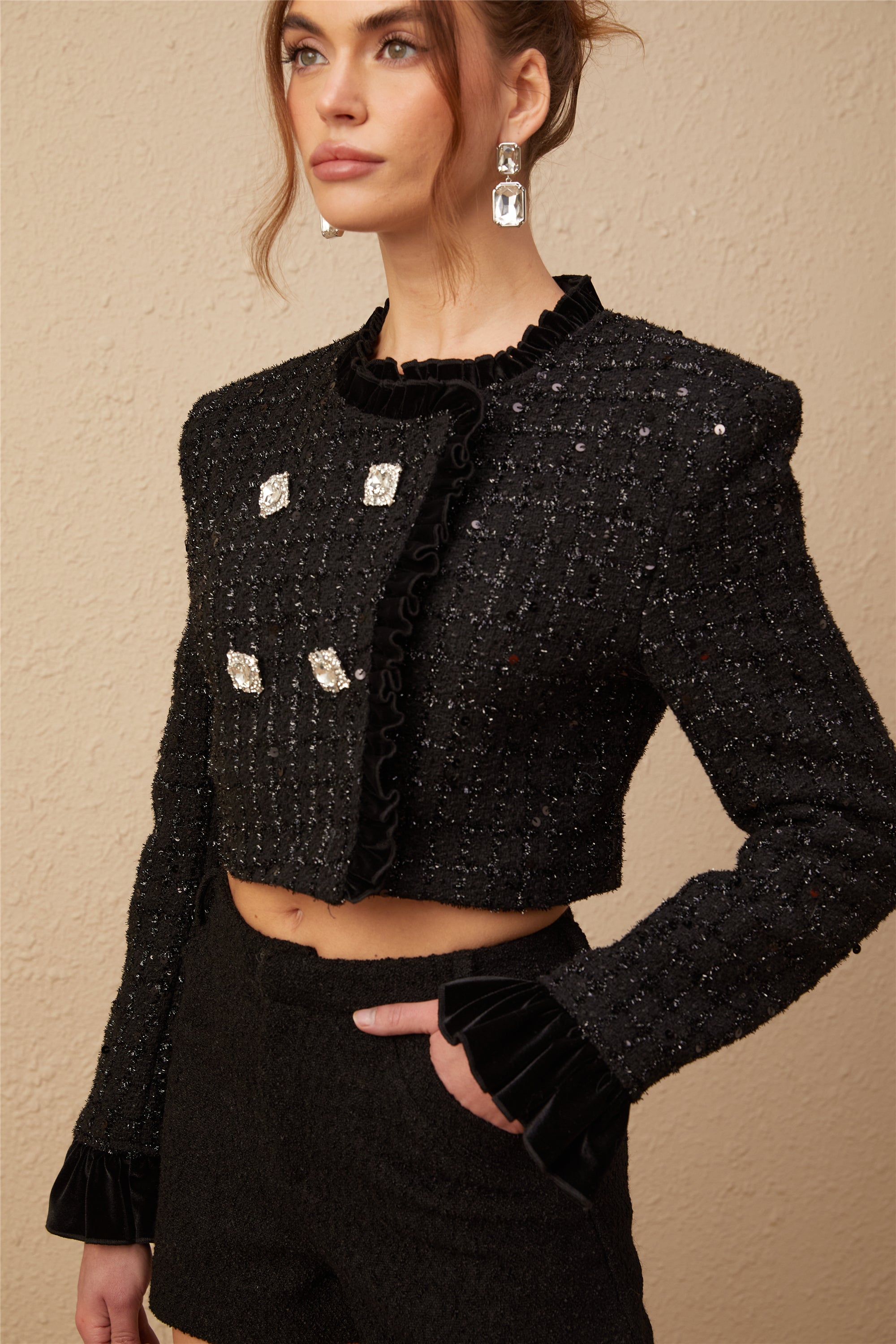 Angelica embellished ruffled cropped tweed jacket