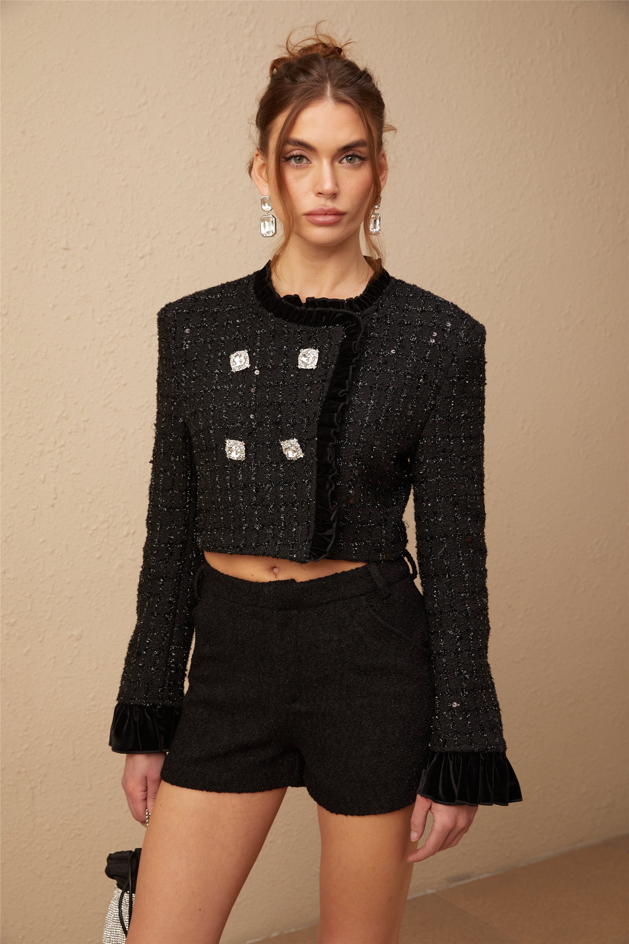 Angelica embellished ruffled cropped tweed jacket