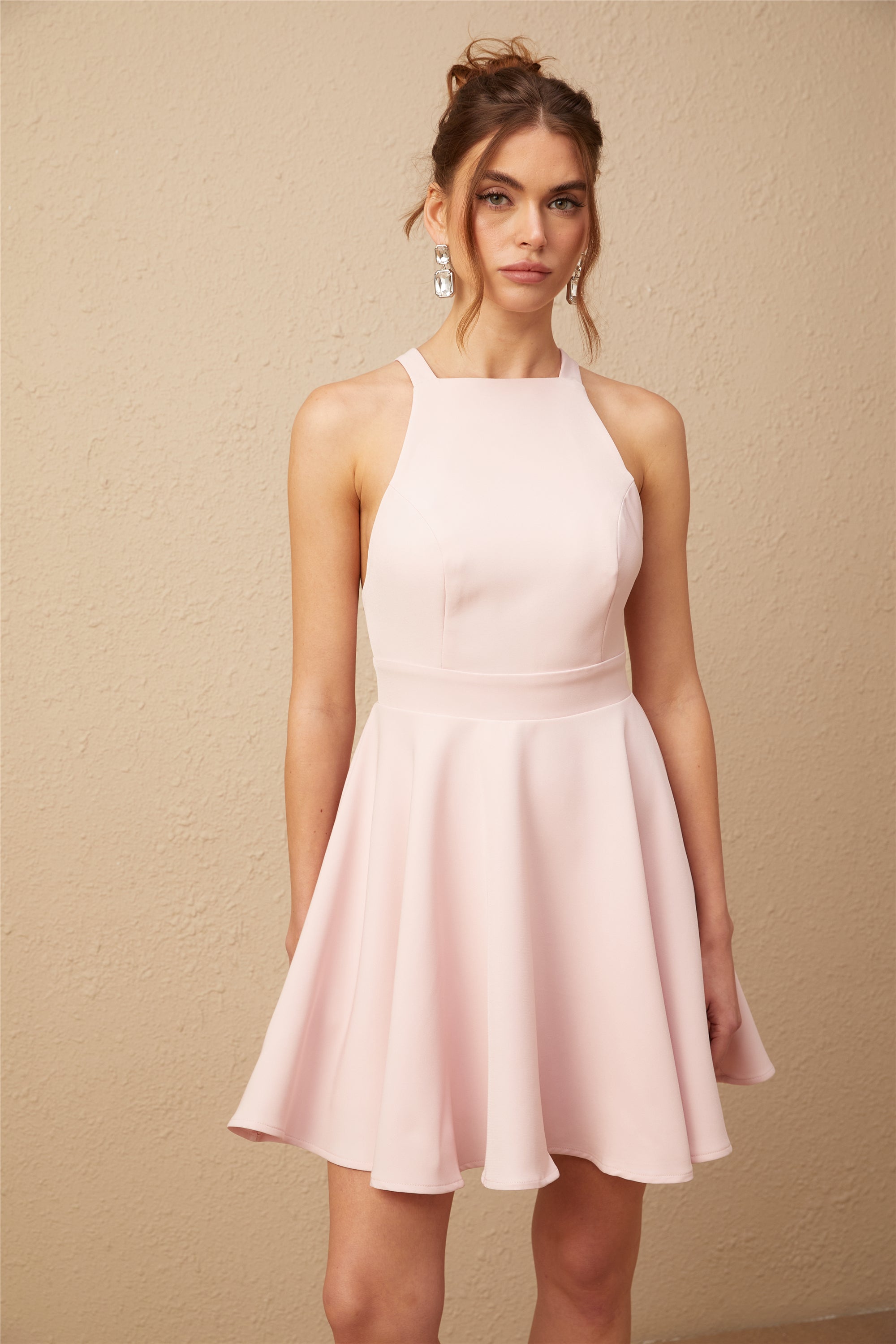 Marlene pink halterneck pleated mini dress