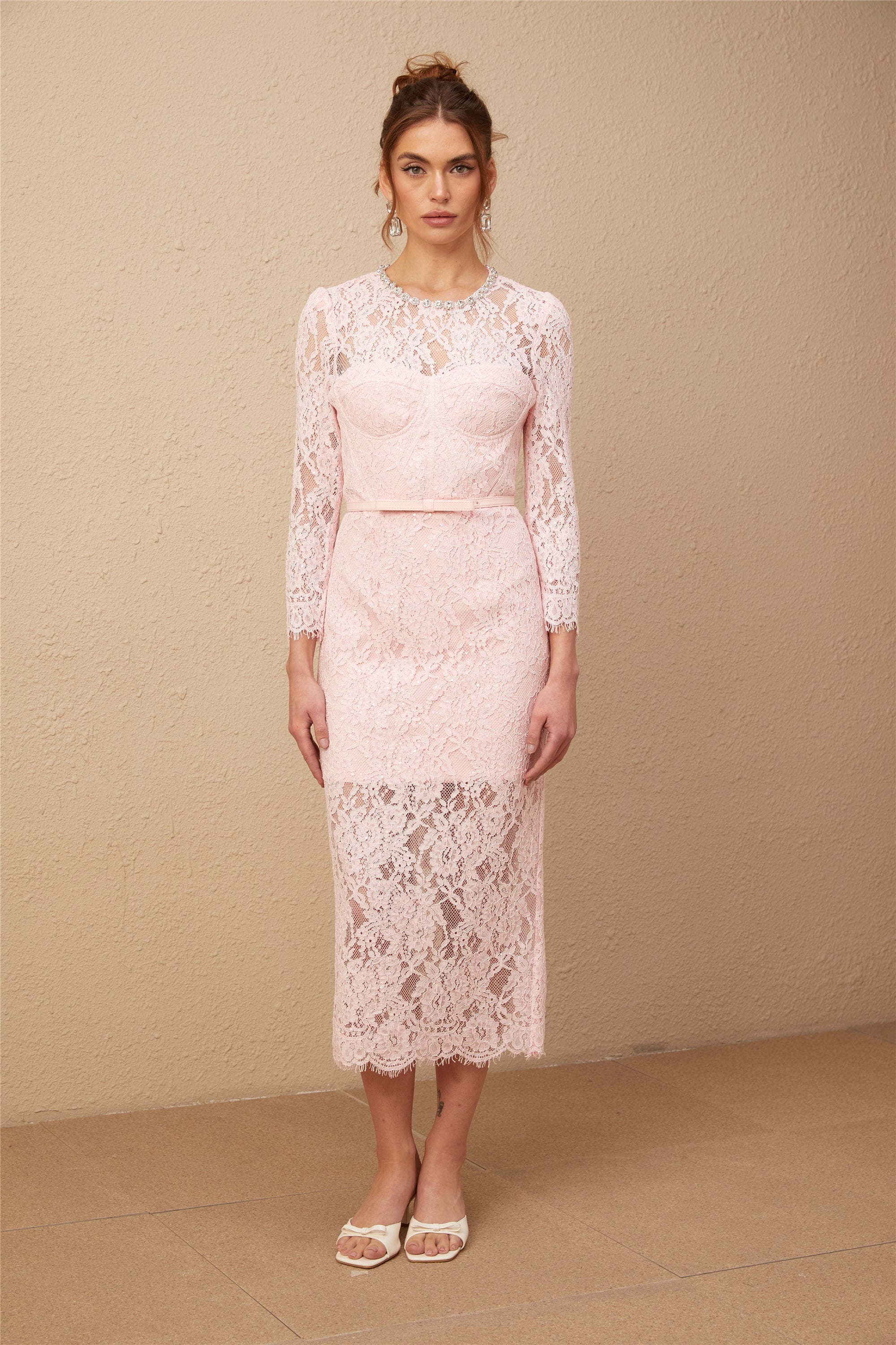 Elisabetta pink embellished floral-embroidered lace midi dress