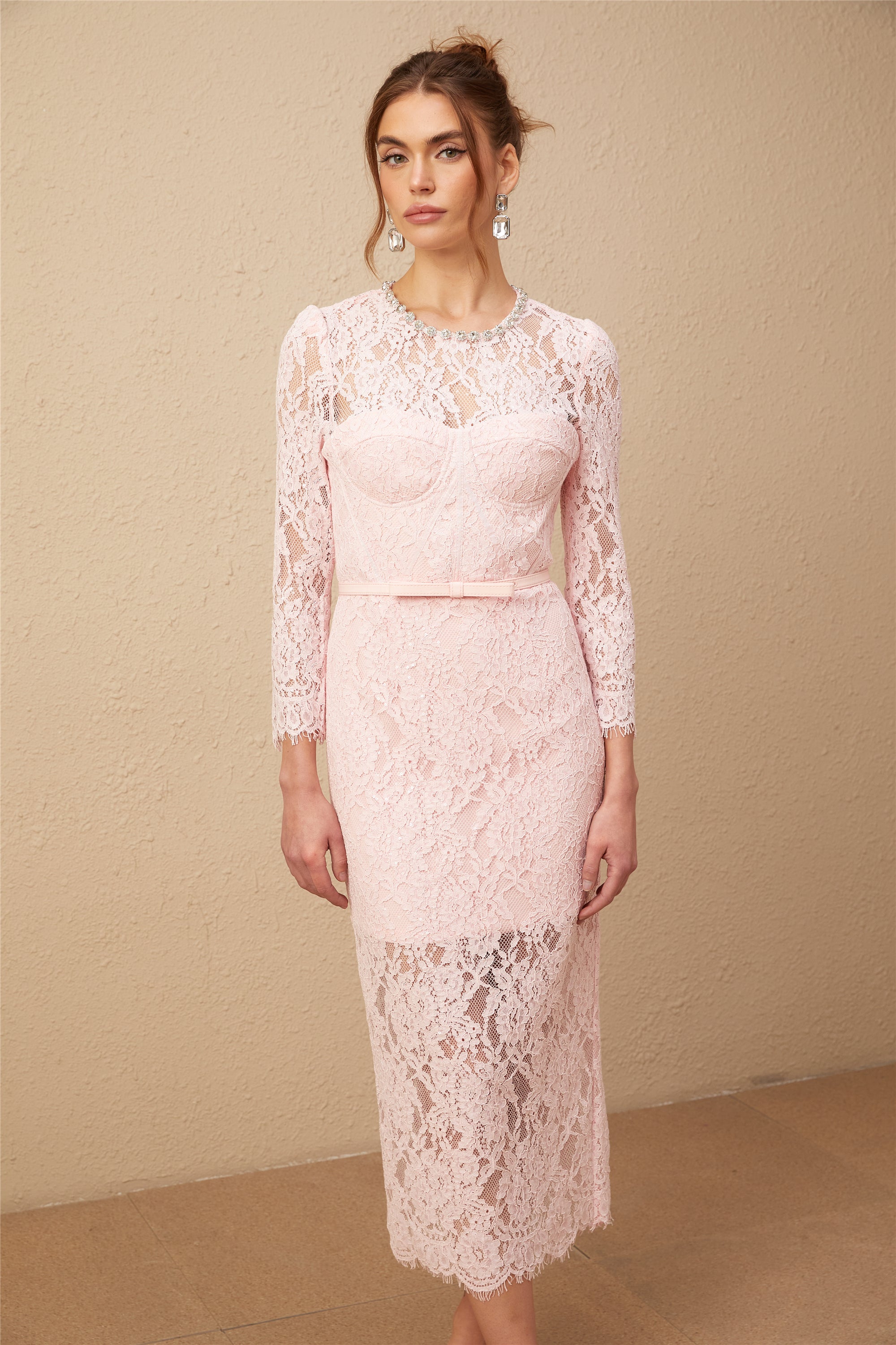 Elisabetta pink embellished floral-embroidered lace midi dress