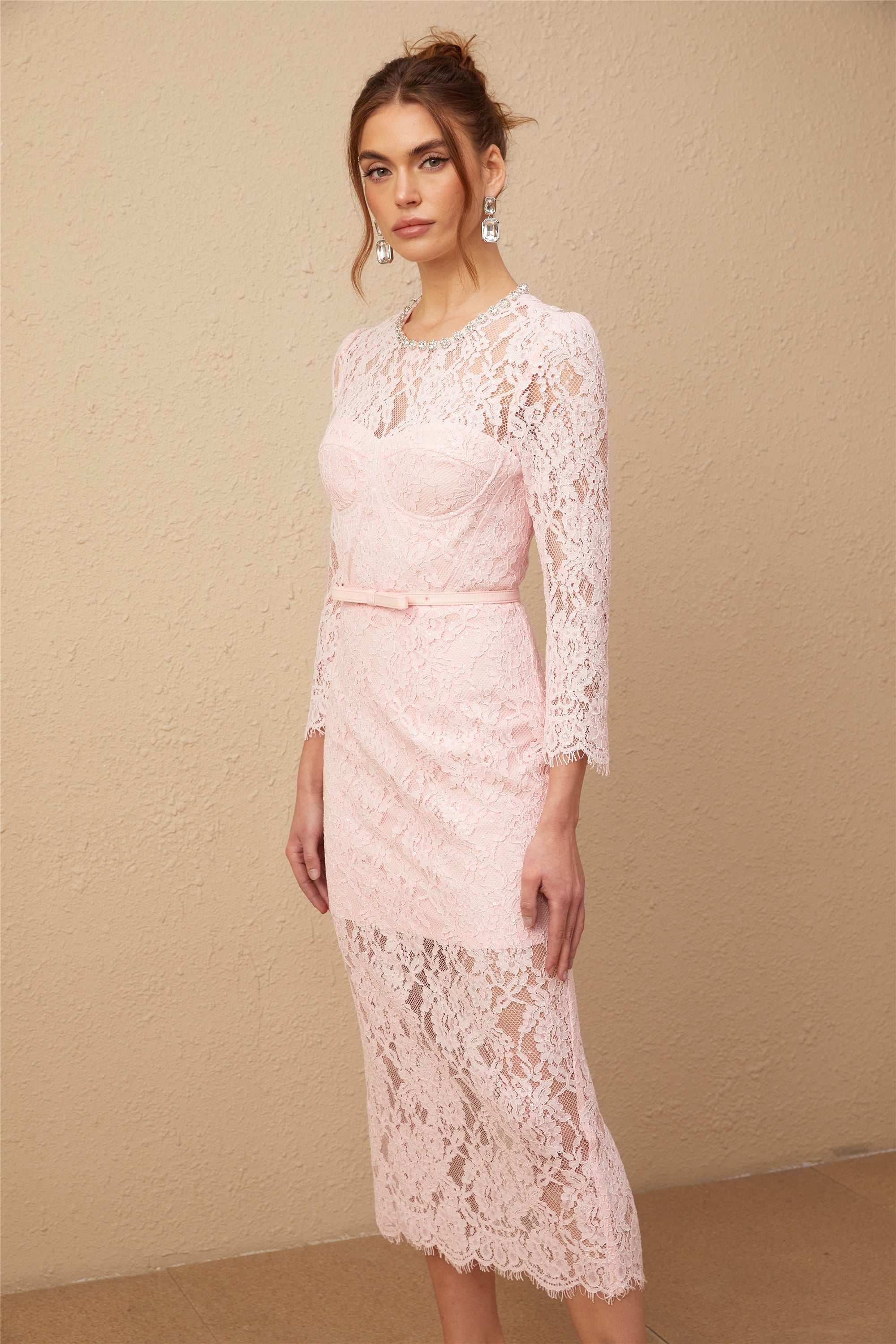 Elisabetta pink embellished floral-embroidered lace midi dress