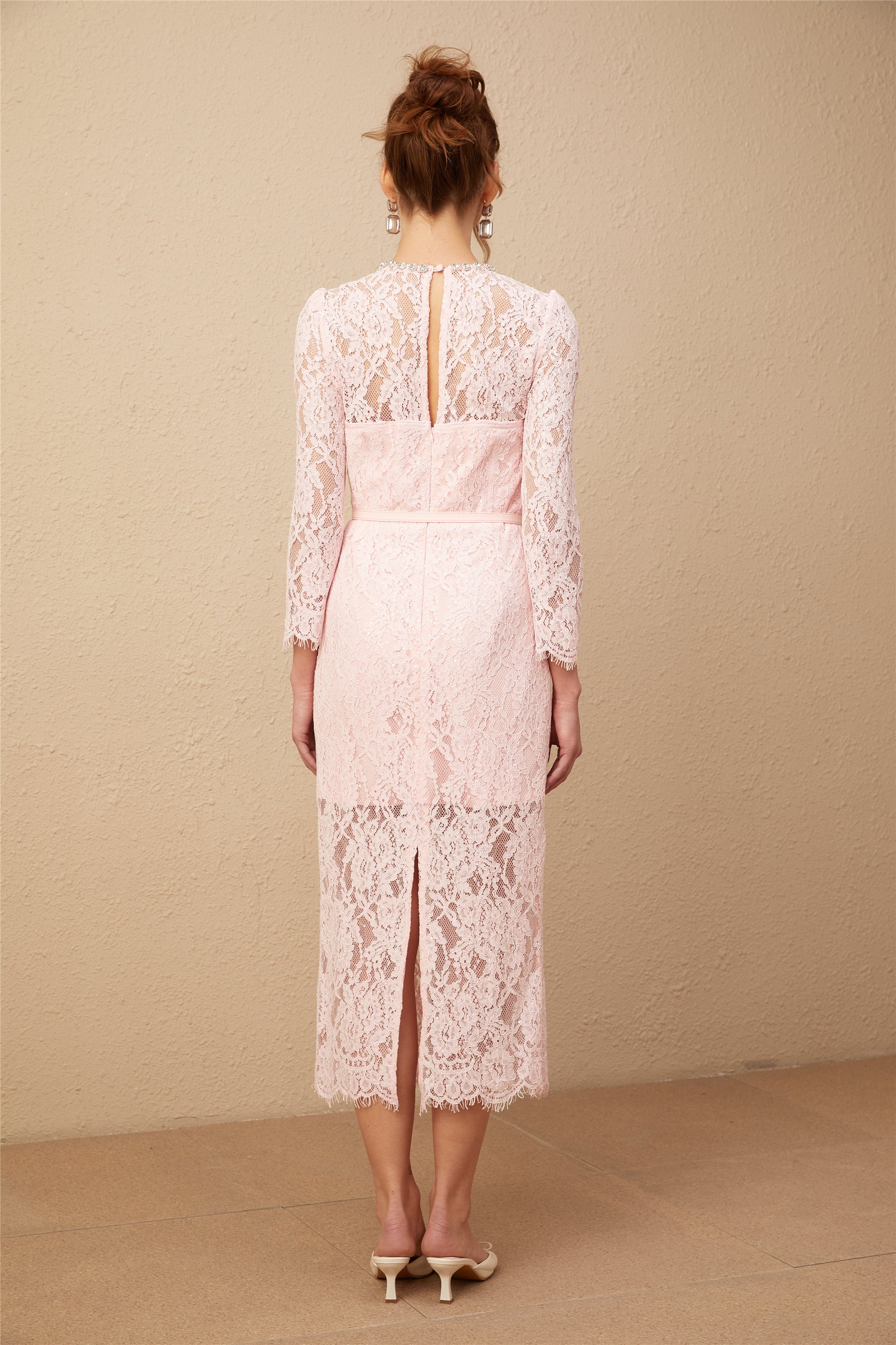 Elisabetta pink embellished floral-embroidered lace midi dress