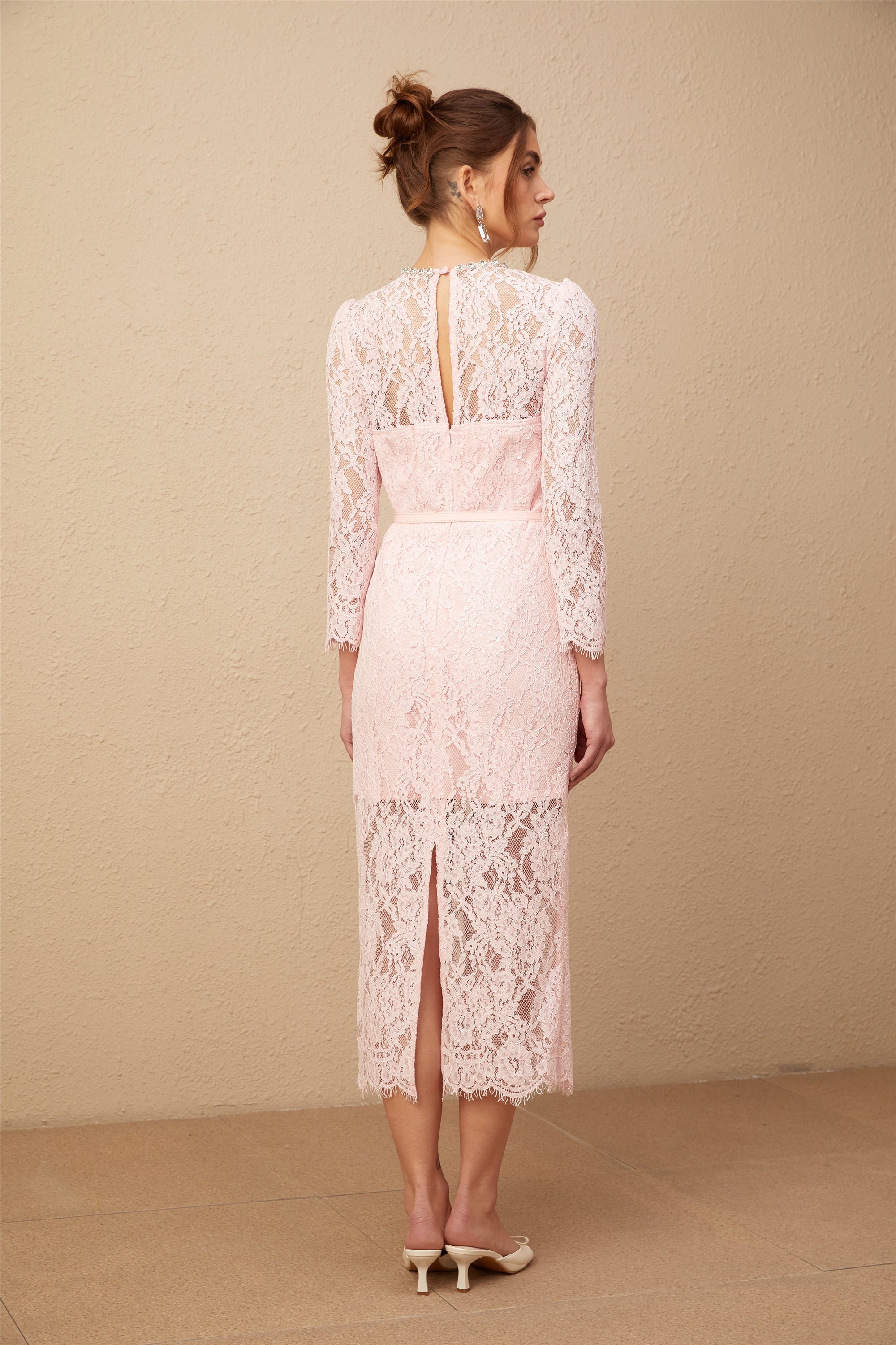 Elisabetta pink embellished floral-embroidered lace midi dress