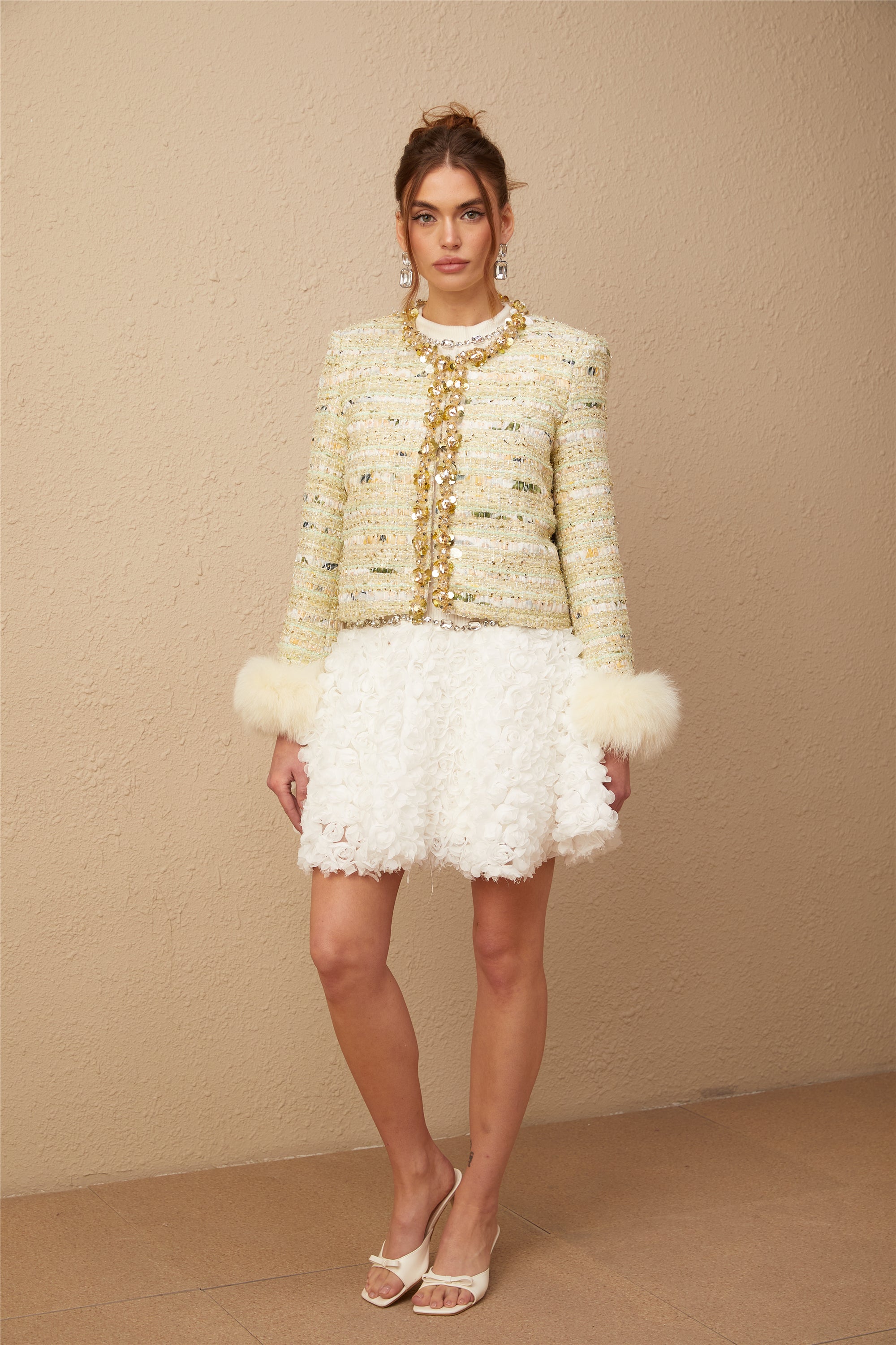 Margaux light-green fur padded duck-down embellished jacket