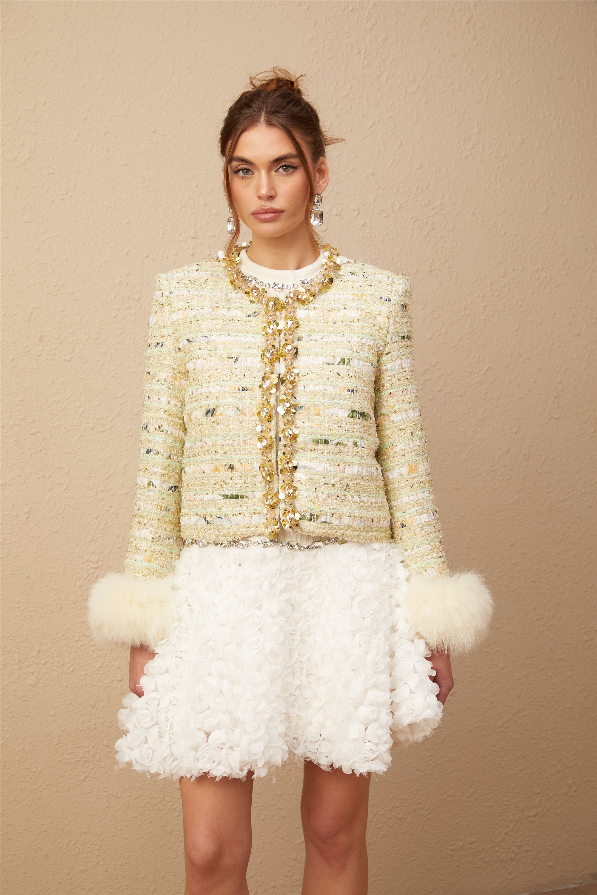 Margaux light-green fur padded duck-down embellished jacket