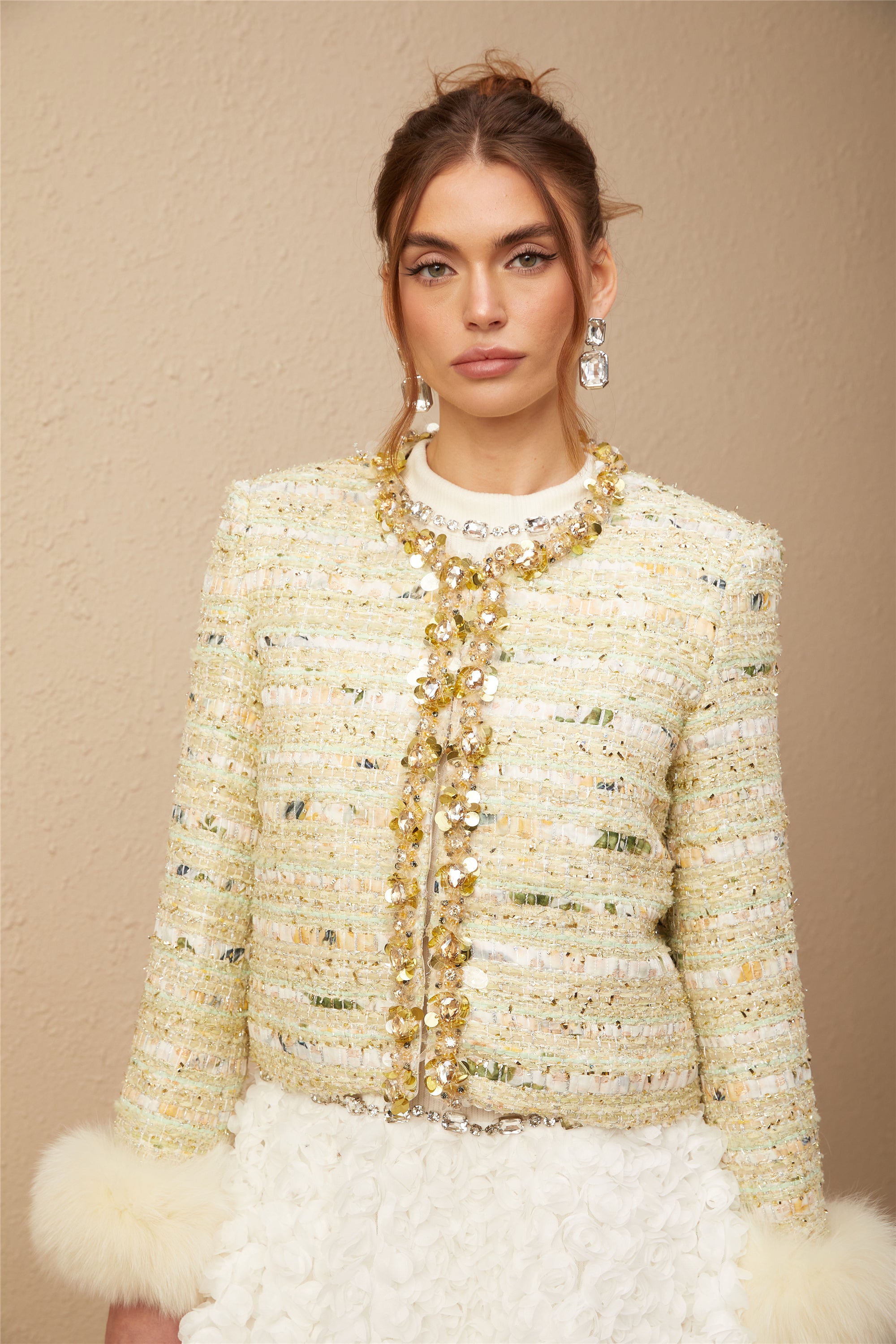 Margaux light-green fur padded duck-down embellished jacket