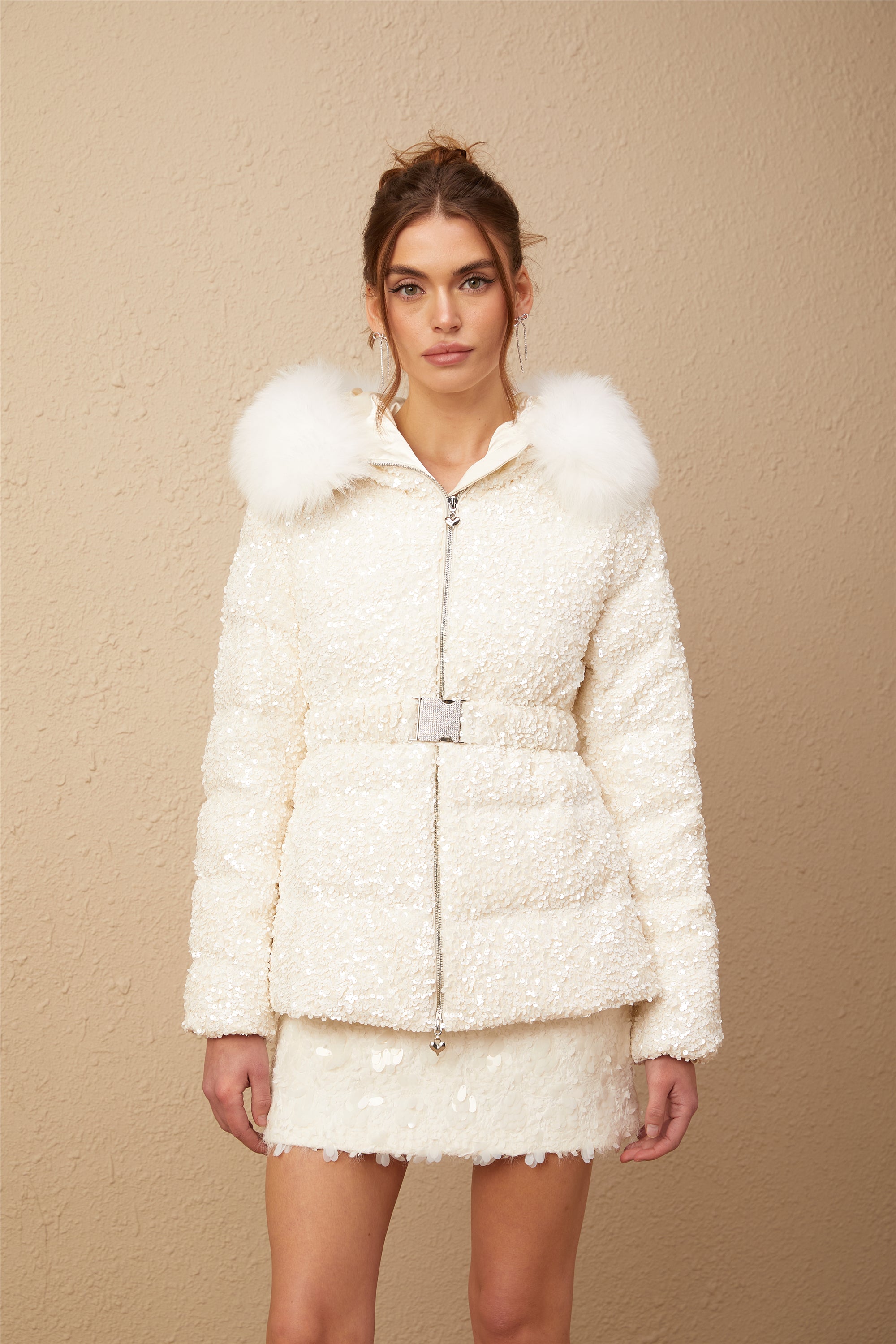 Madeleine white furry-collar padded duck-down sequined belted coat