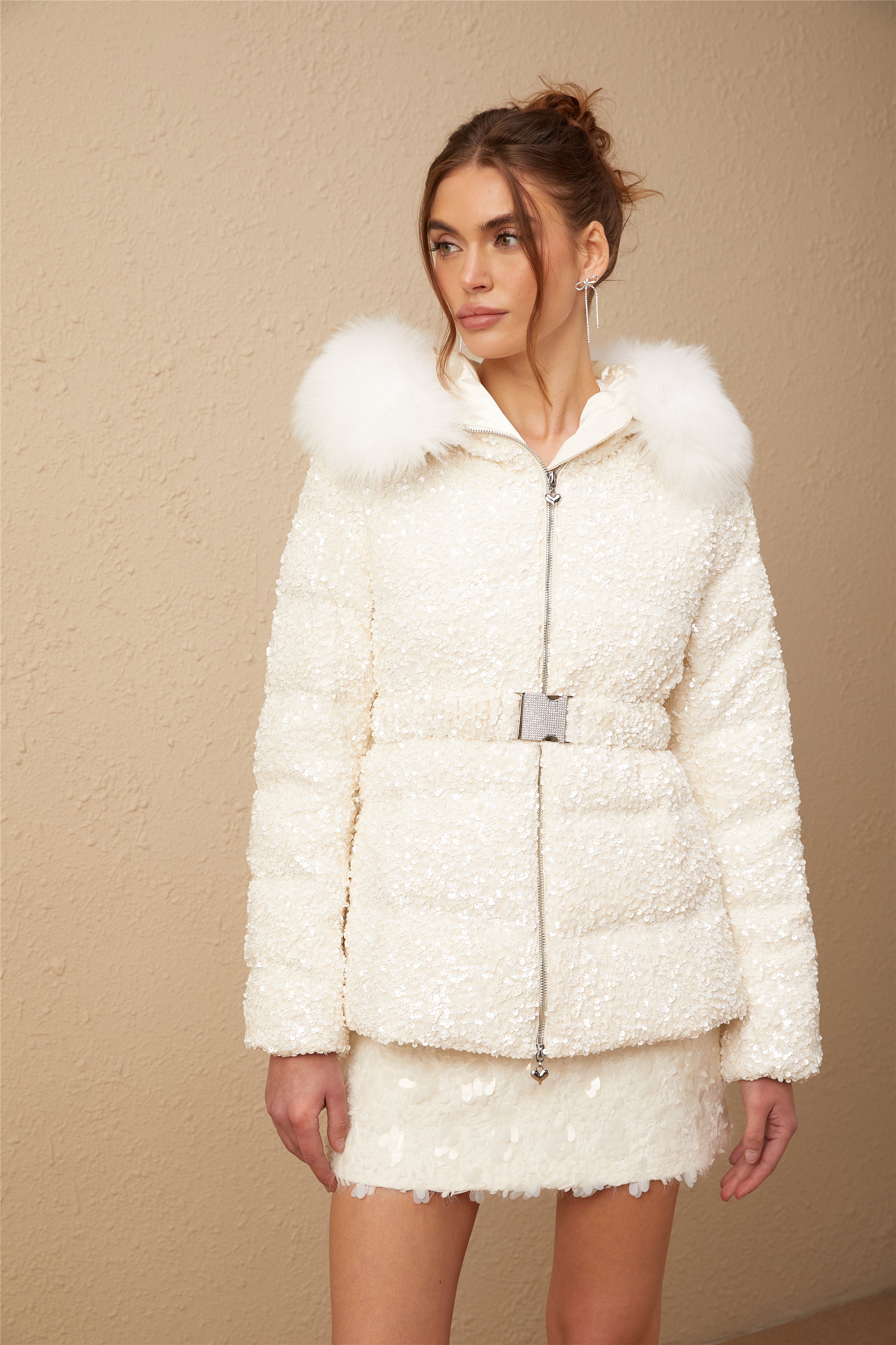 Madeleine white furry-collar padded duck-down sequined belted coat