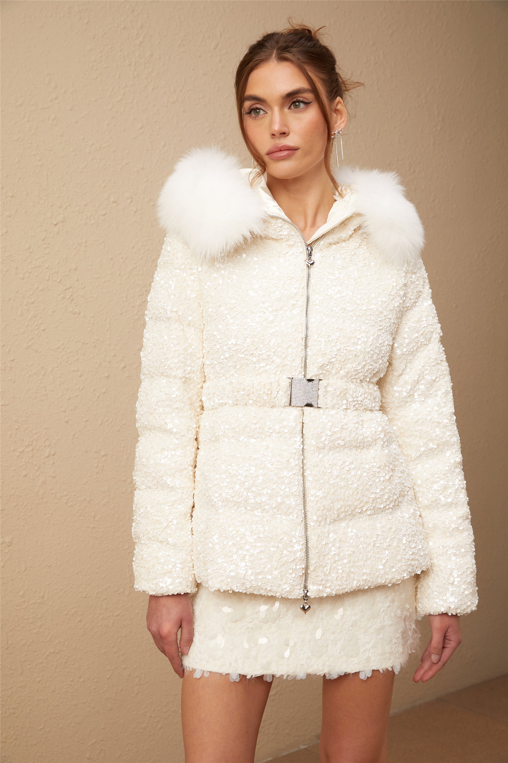 Madeleine white furry-collar padded duck-down sequined belted coat