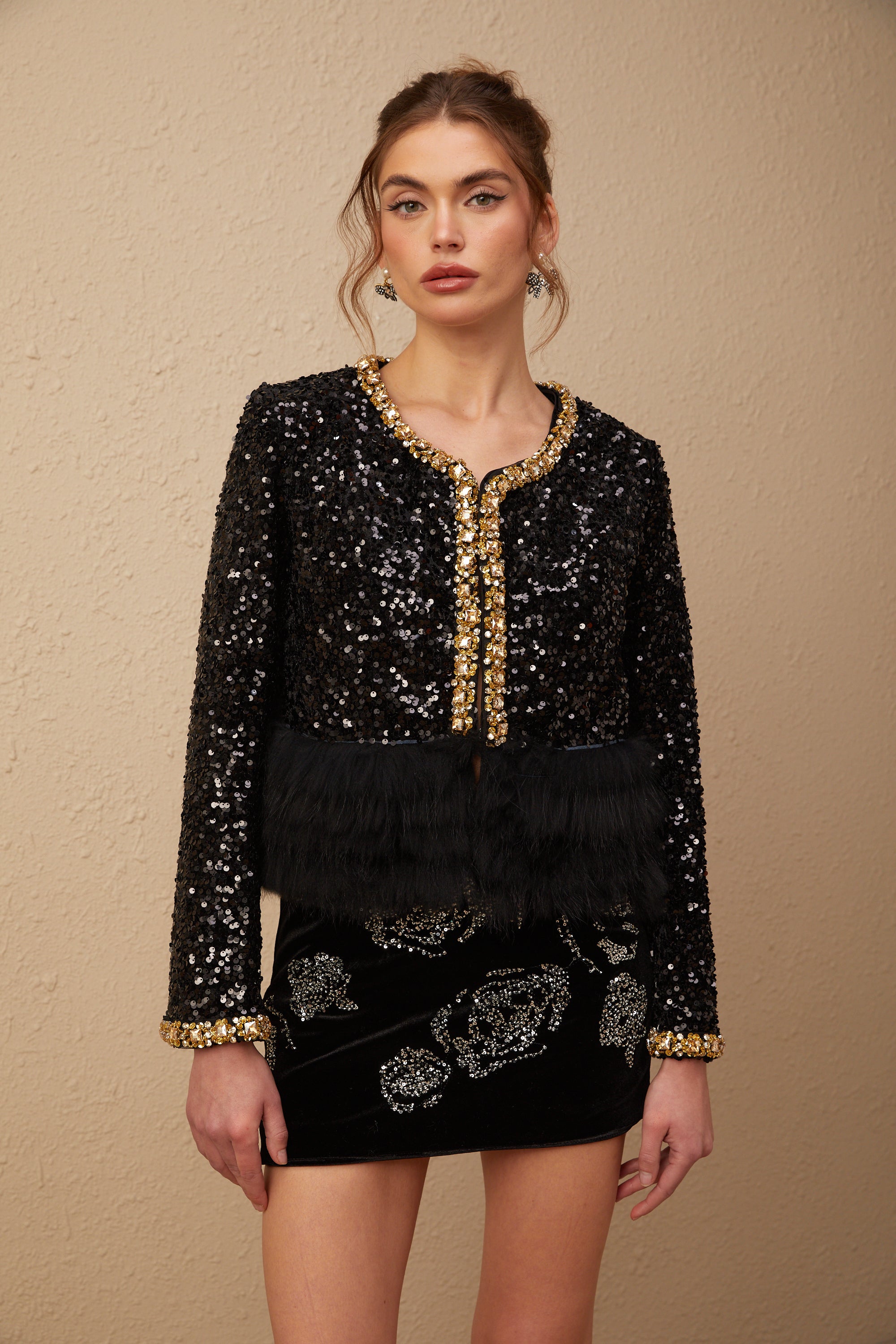 Benedetta black down-feather-padded sequined fur jacket