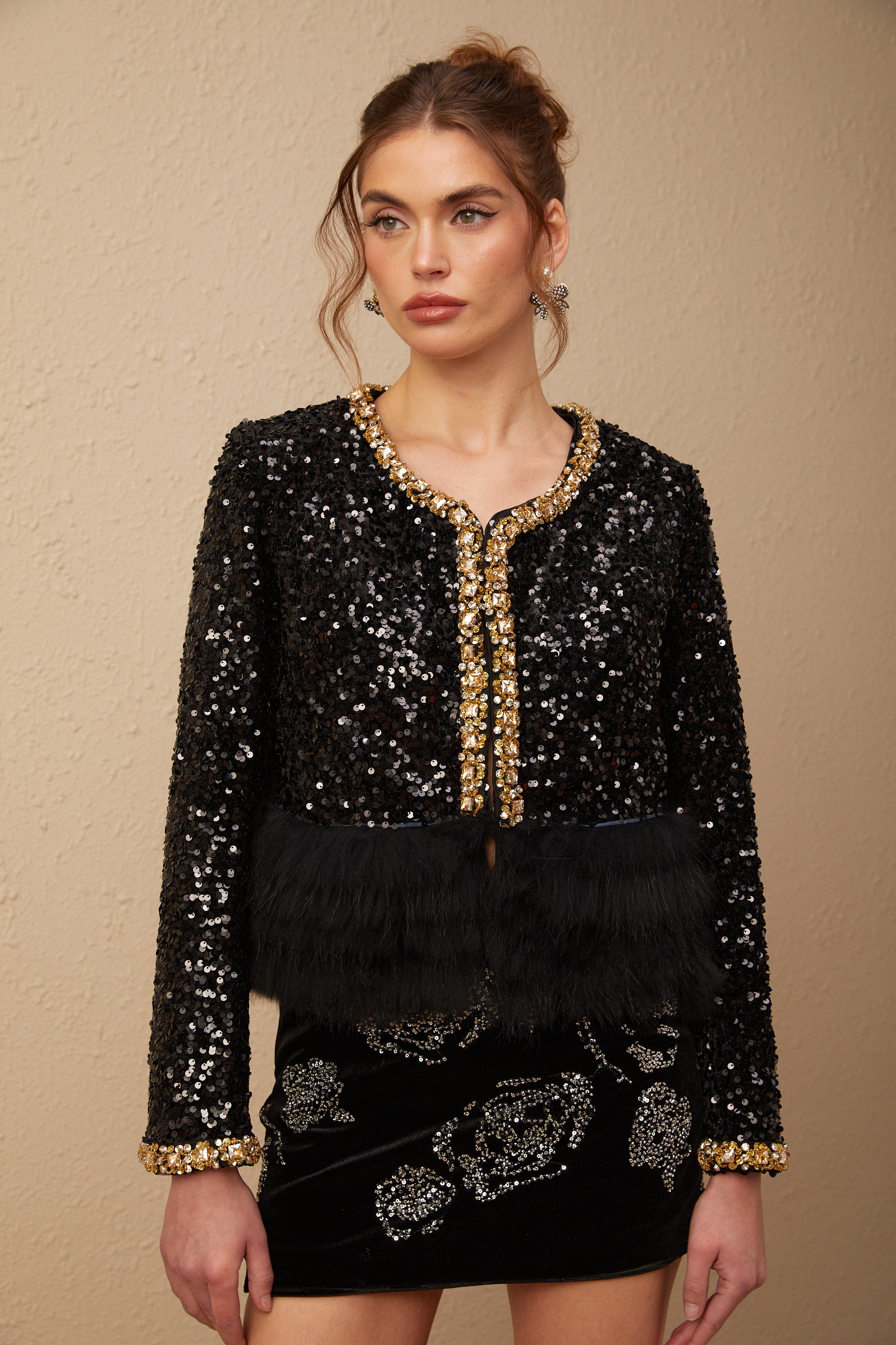 Benedetta black down-feather-padded sequined fur jacket