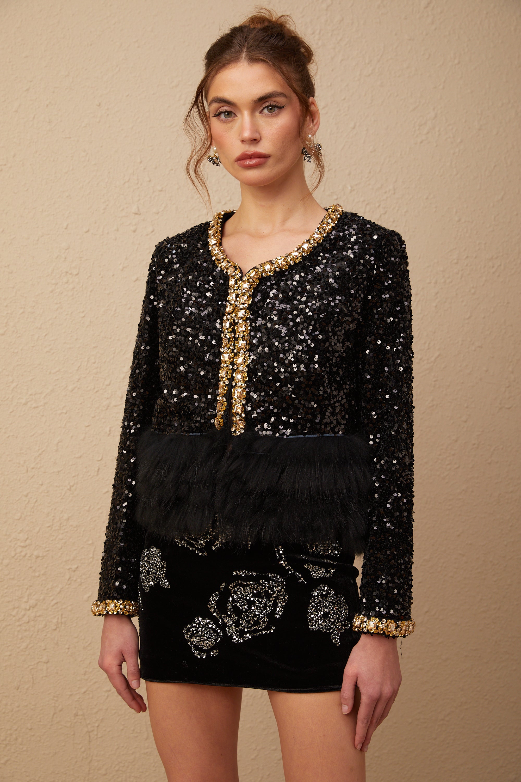 Benedetta black down-feather-padded sequined fur jacket