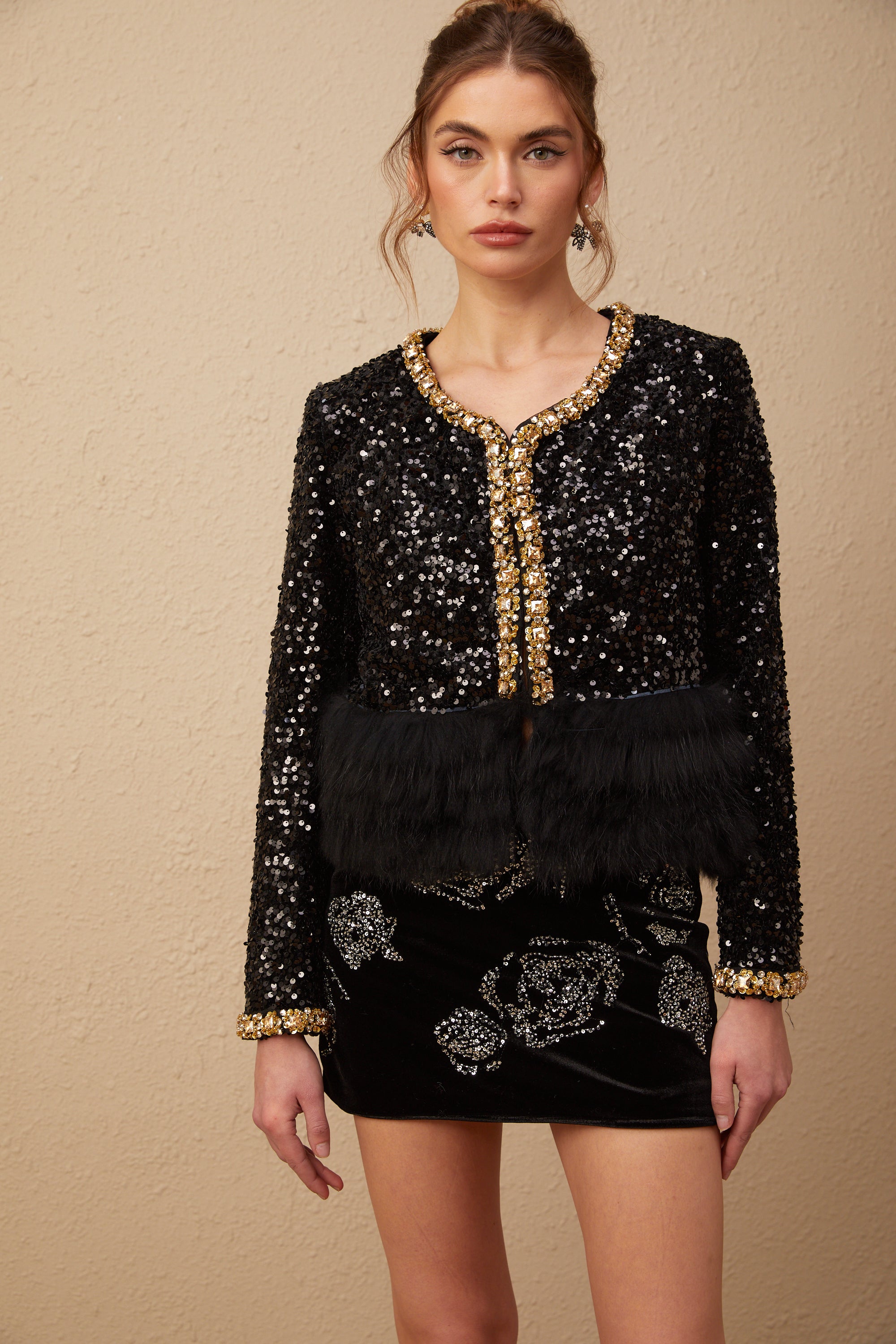 Benedetta black down-feather-padded sequined fur jacket