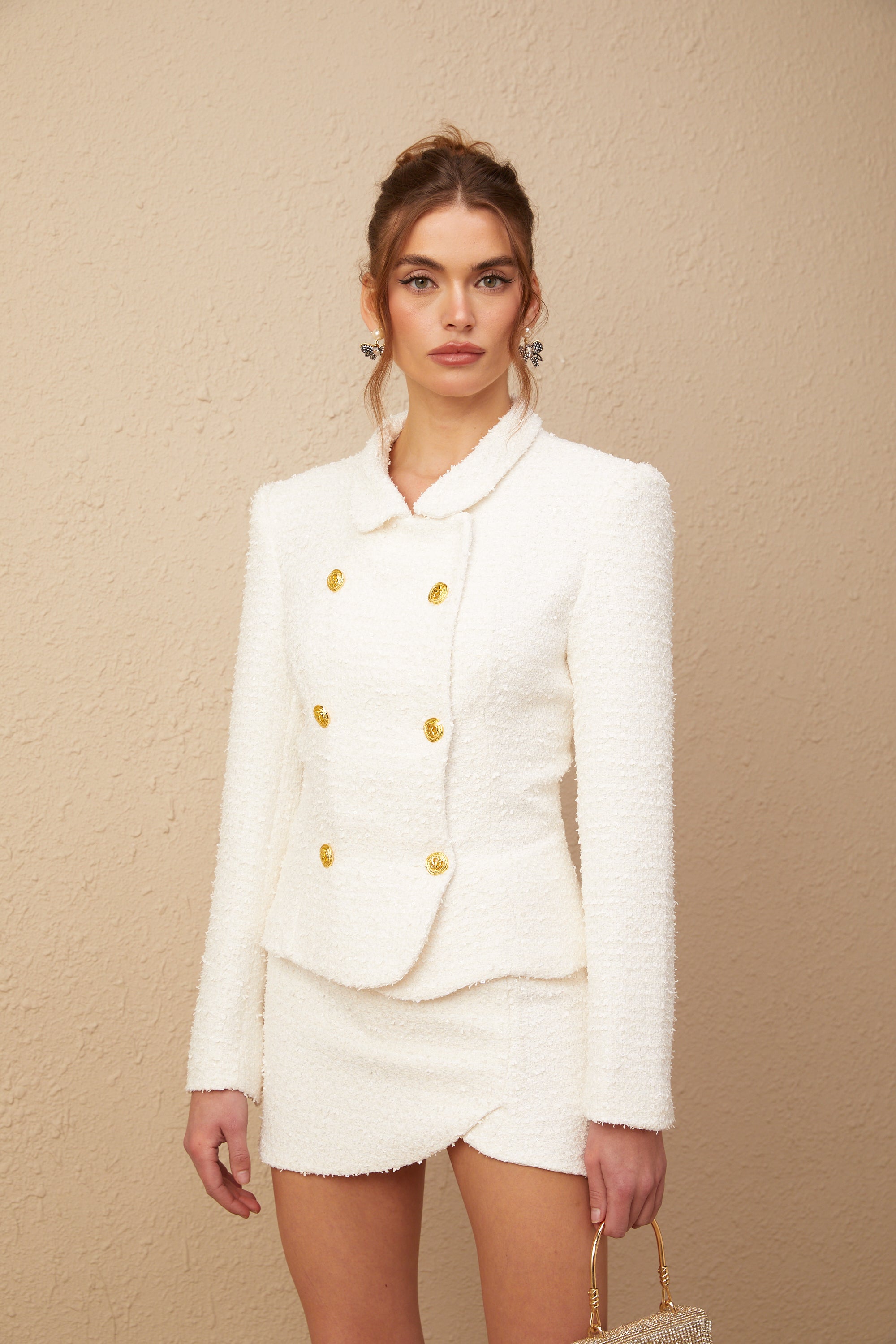 Carlotta white double-breasted tweed jacket & skirt matching set