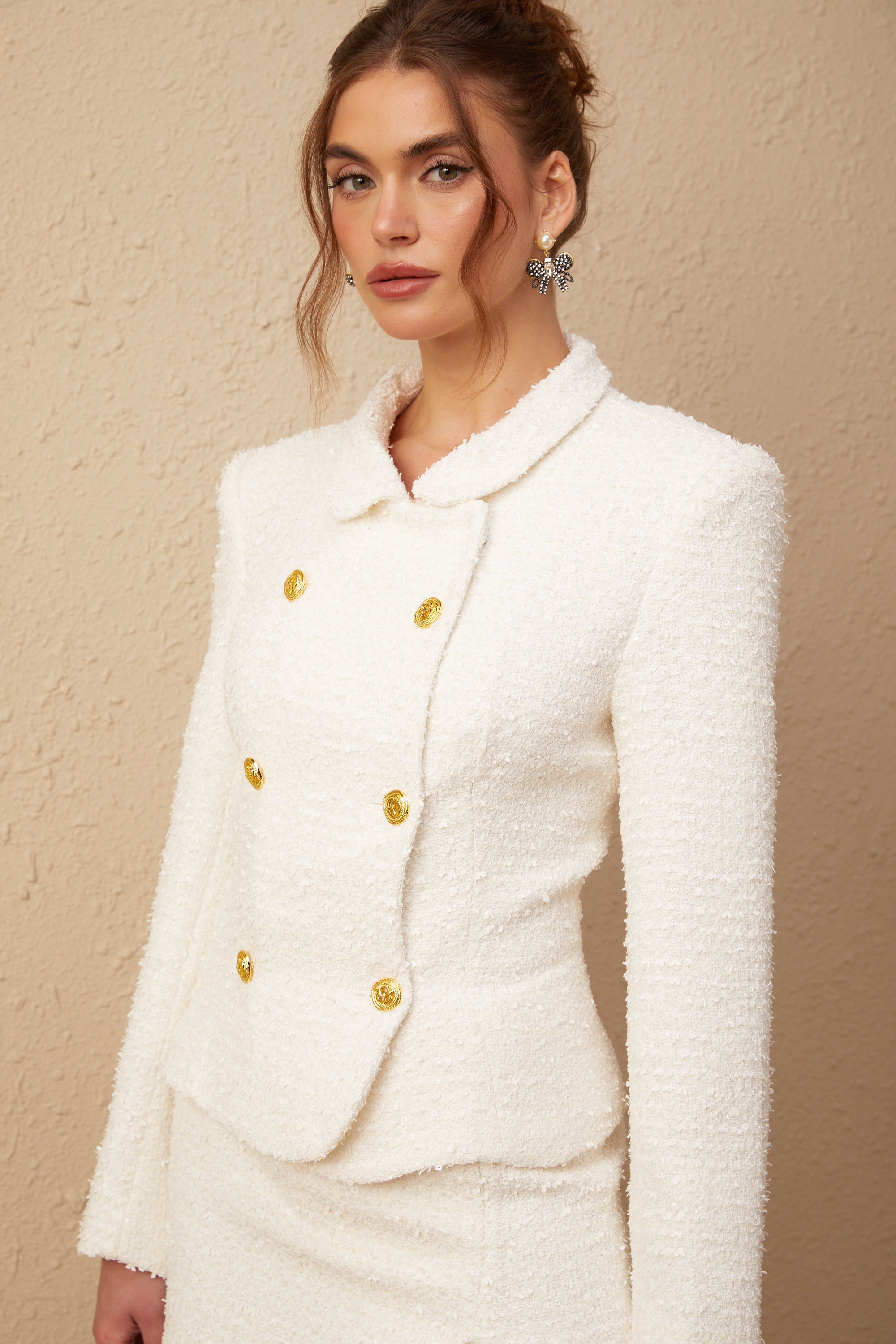 Carlotta white double-breasted tweed jacket & skirt matching set