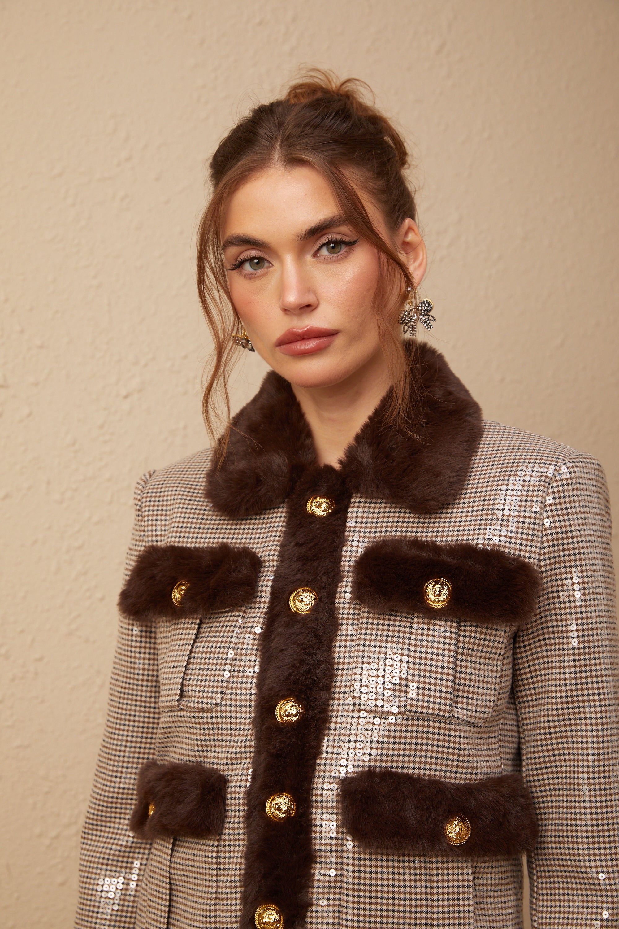 Renée houndstooth sequined faux-fur jacket