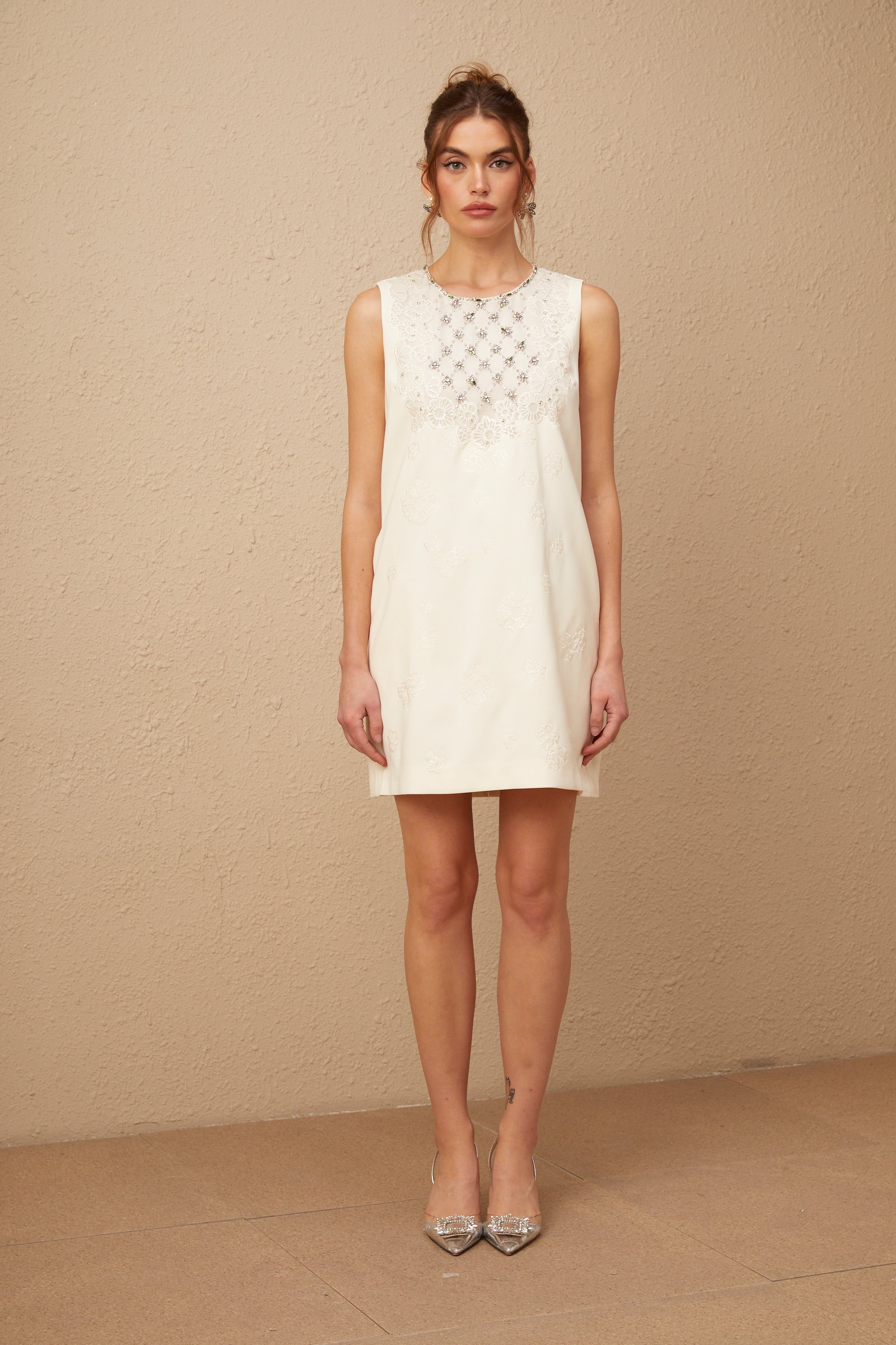 Viola white diamond-pattern embellished mini dress