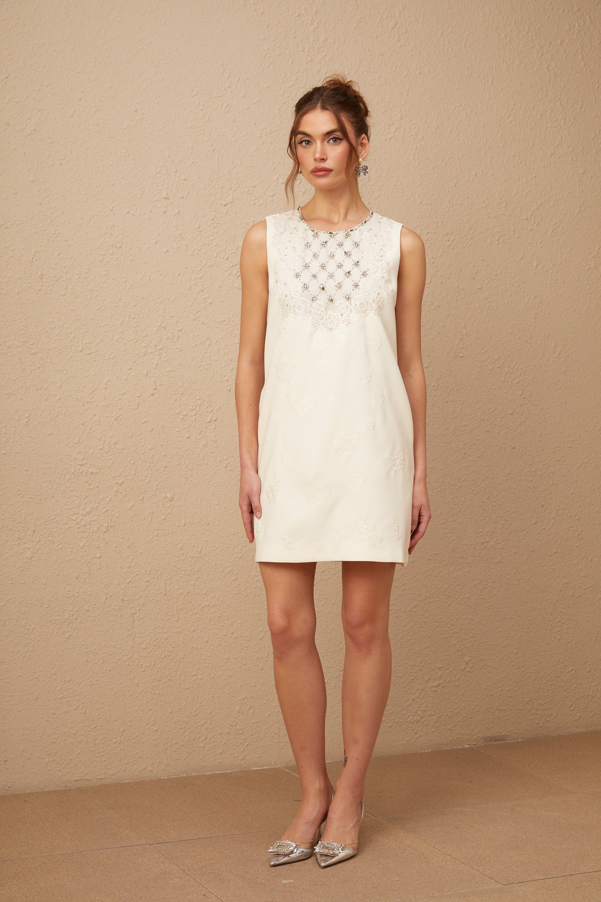 Viola white diamond-pattern embellished mini dress