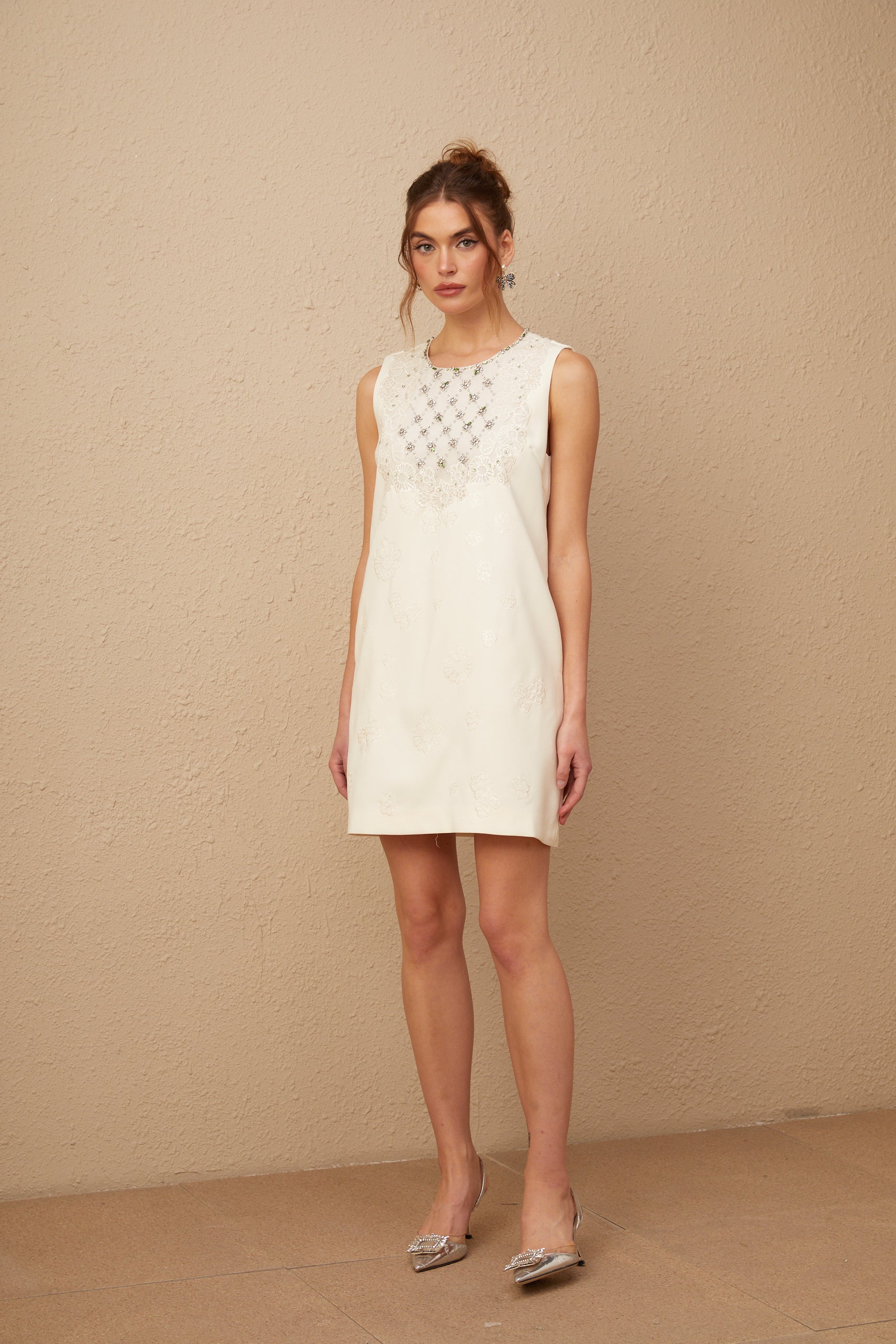 Viola white diamond-pattern embellished mini dress