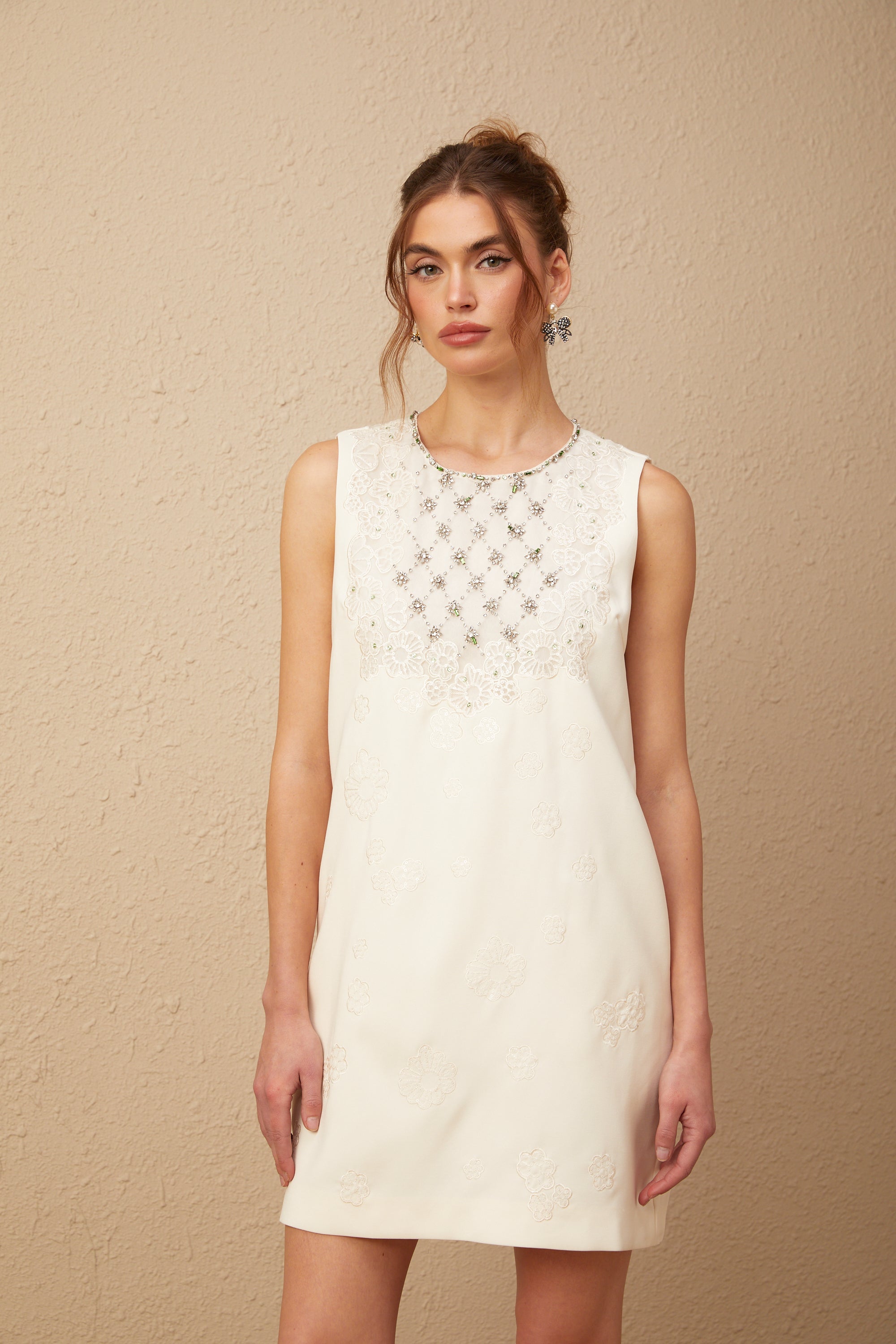 Viola white diamond-pattern embellished mini dress