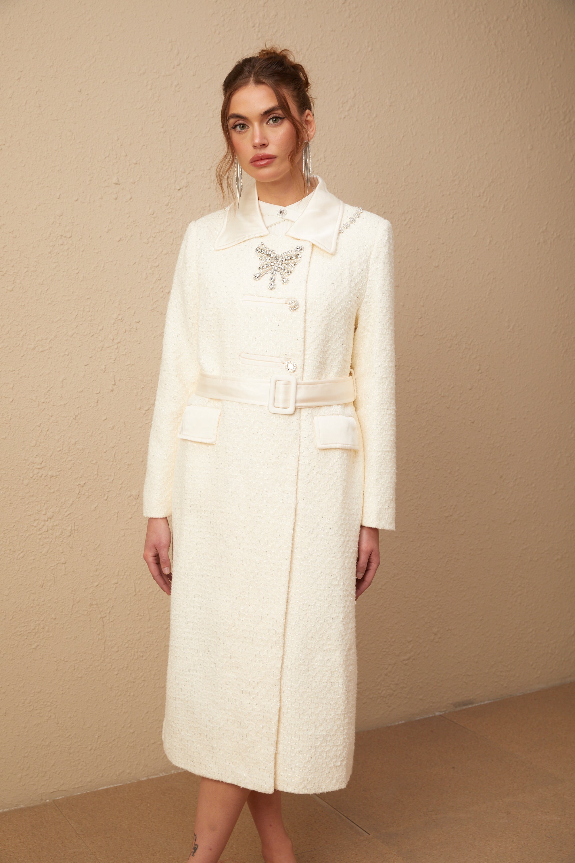 Flaminia white embellished belted tweed long coat