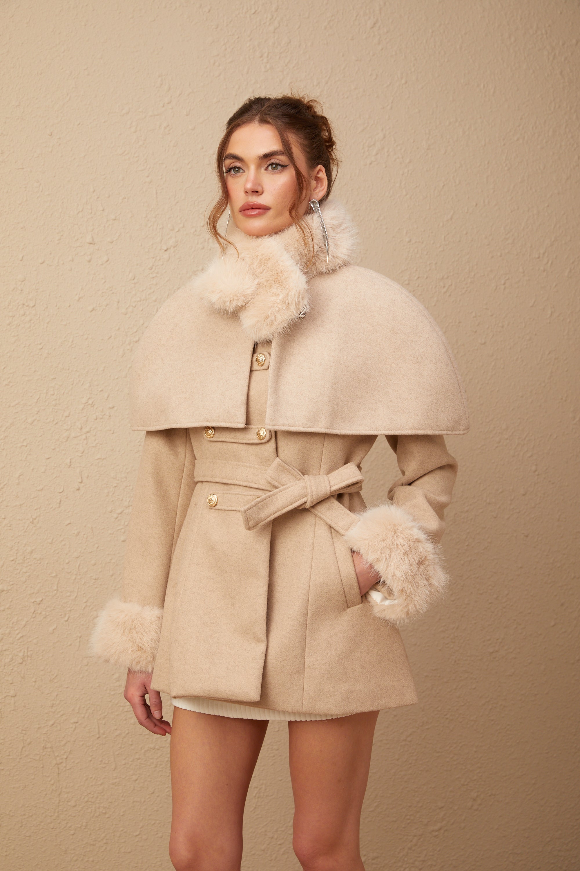 Rosella detachable-cape faux-fur coat