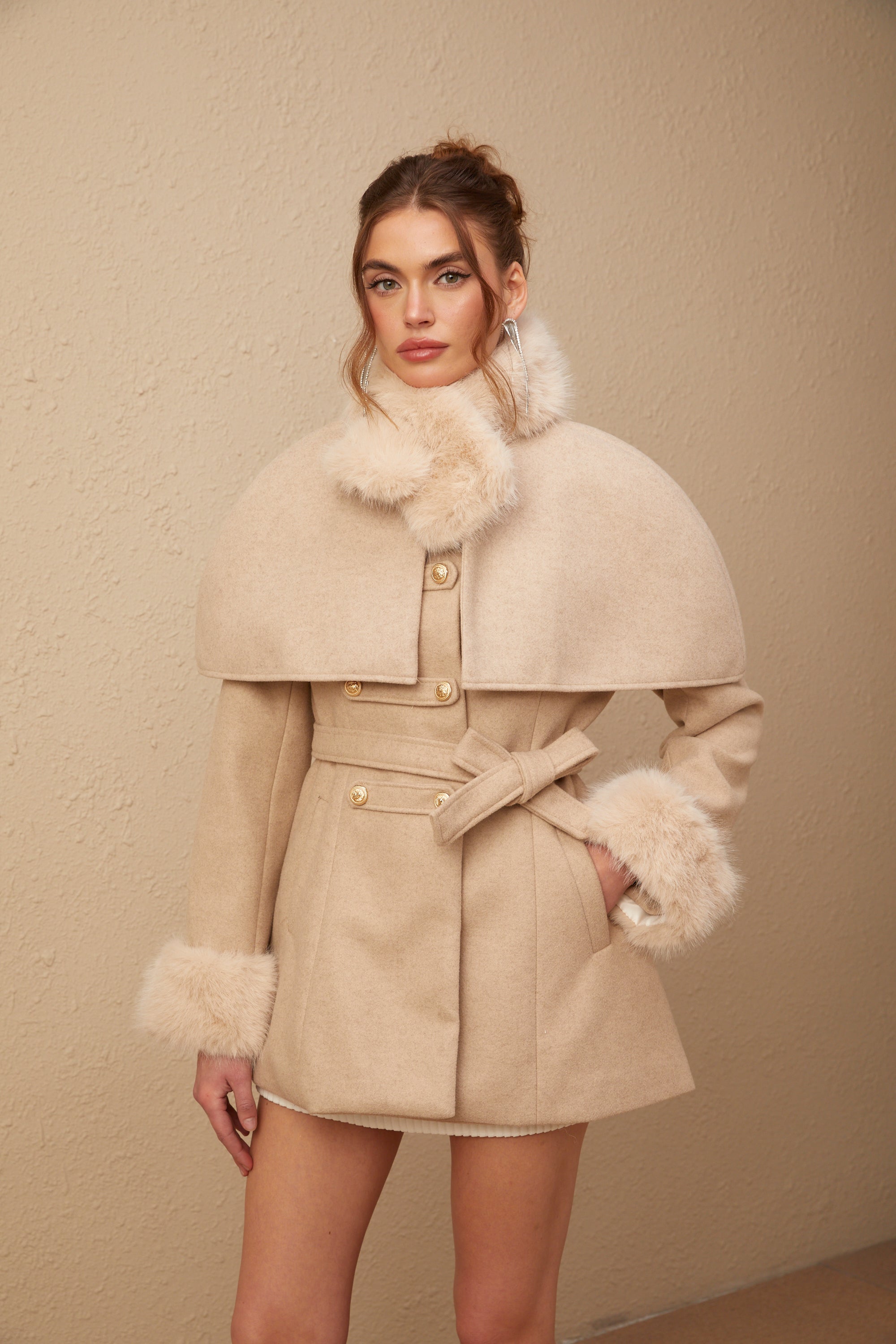 Rosella detachable-cape faux-fur coat