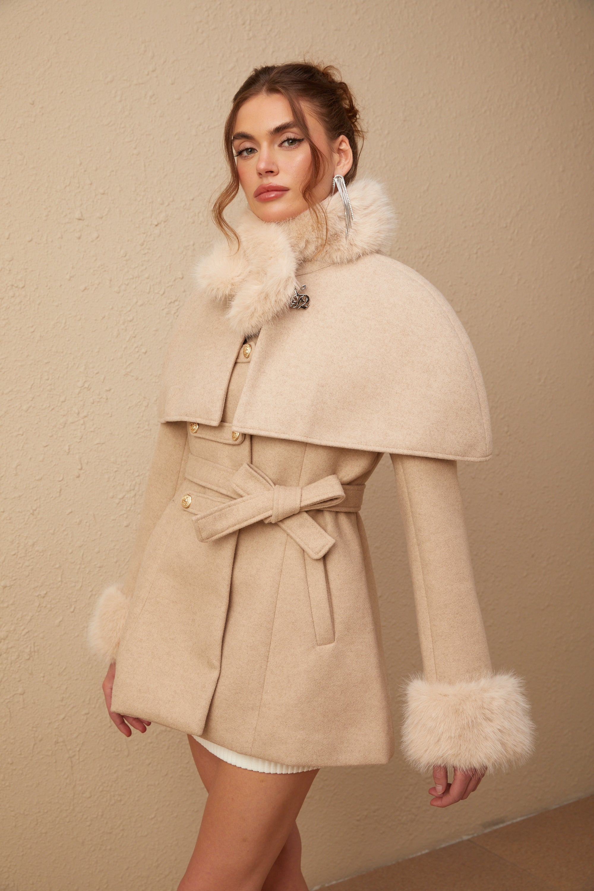 Rosella detachable-cape faux-fur coat