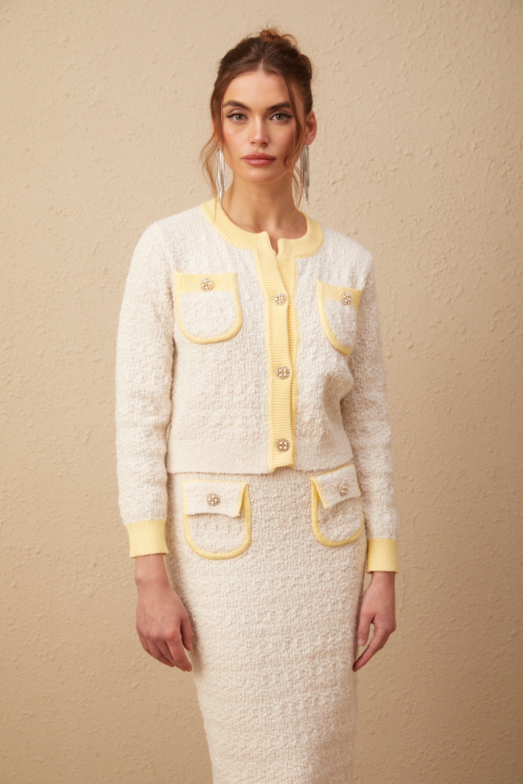 Jessie white textured knit cardigan & skirt matching set