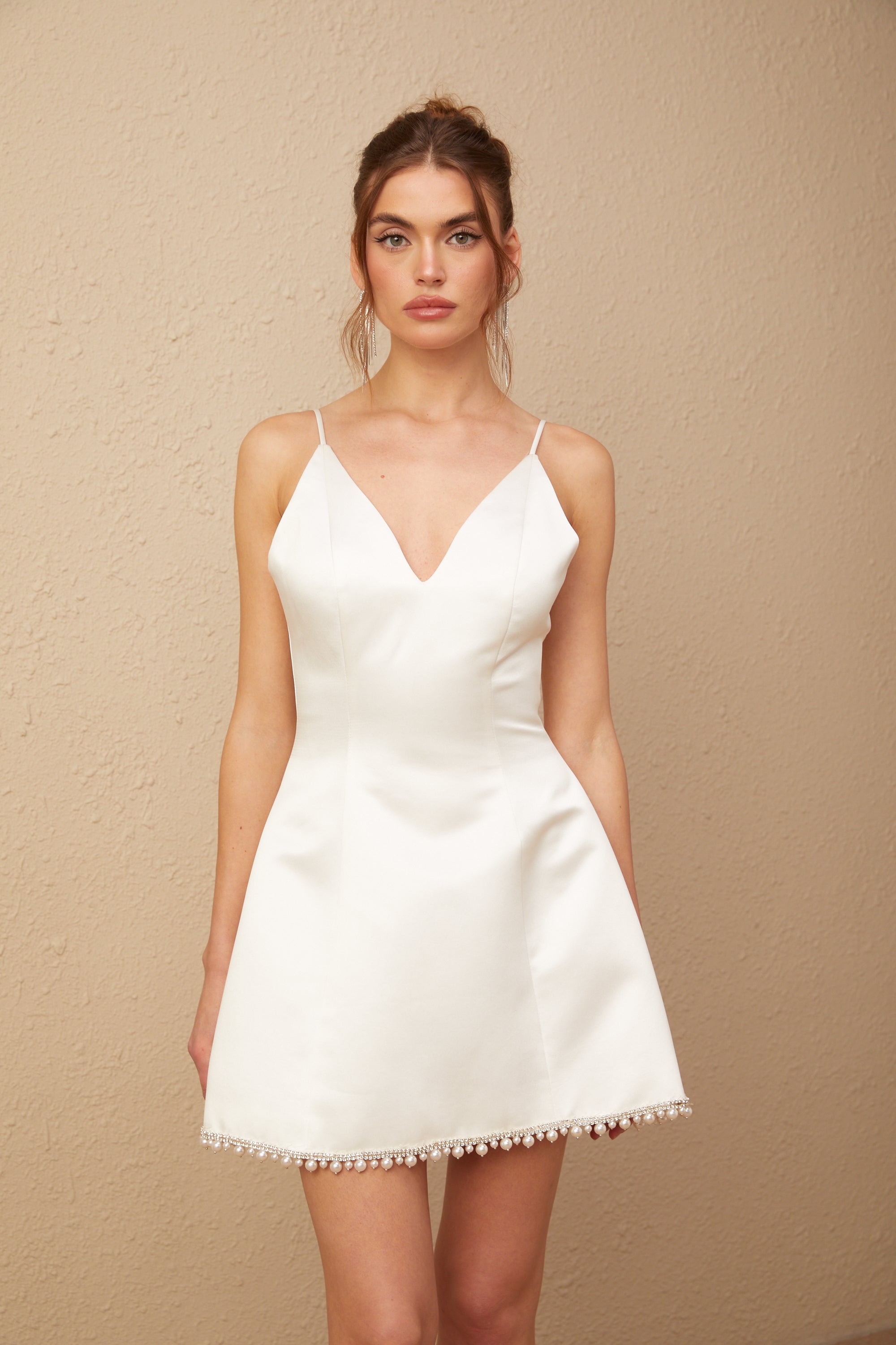 Mirella white faux-pearl embellished satin mini dress