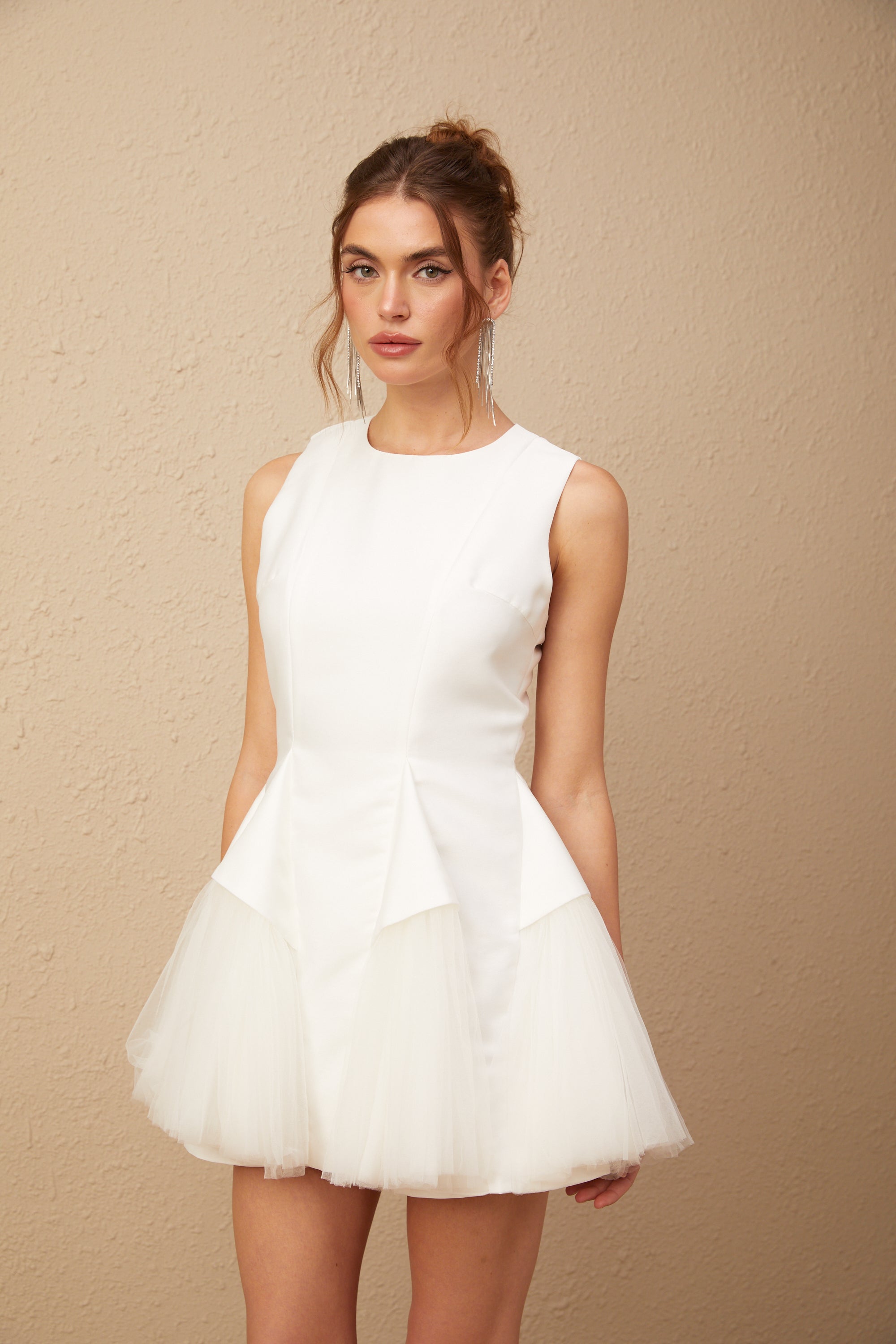 Assunta white puff tulle panelled mini dress