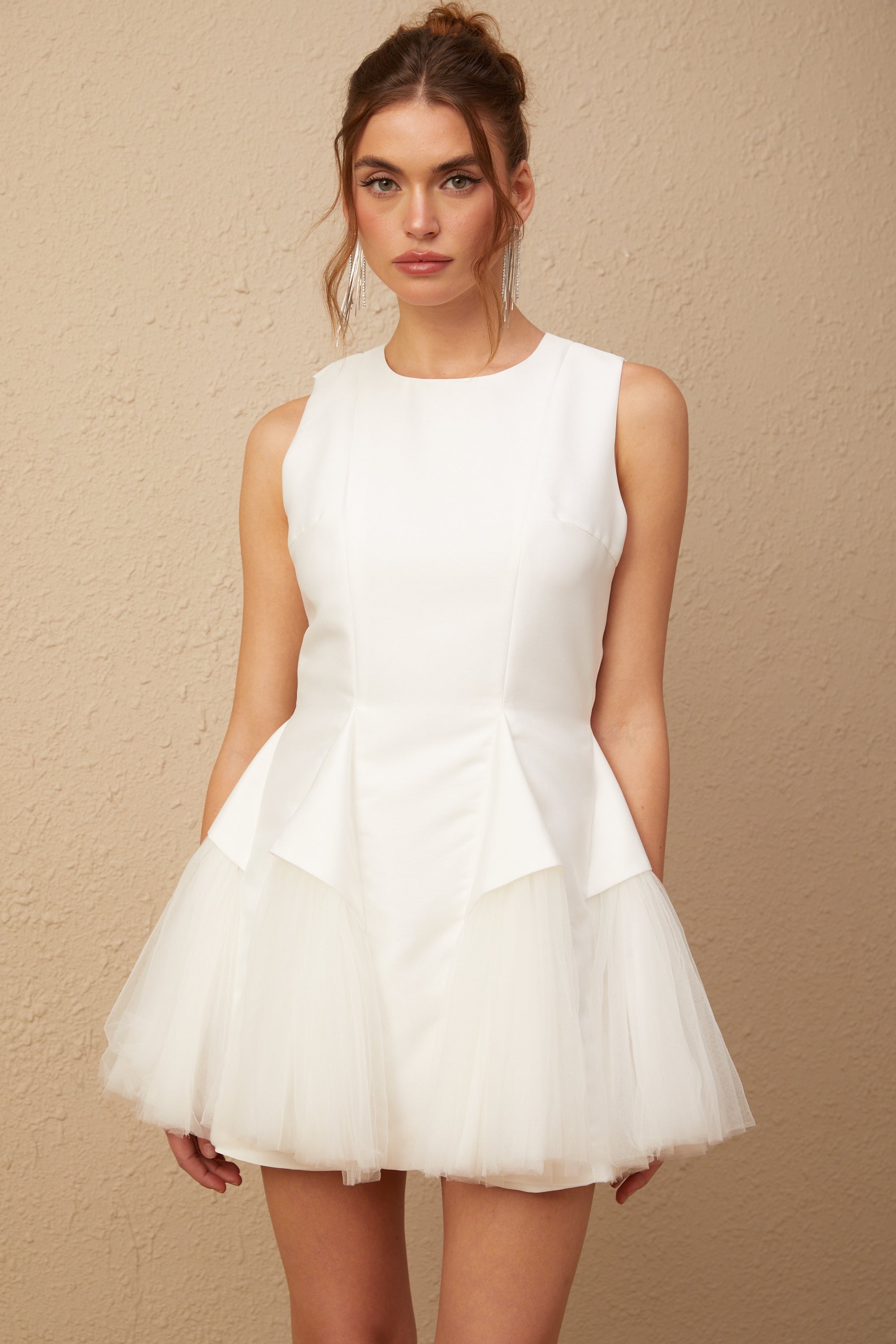 Assunta white puff tulle panelled mini dress