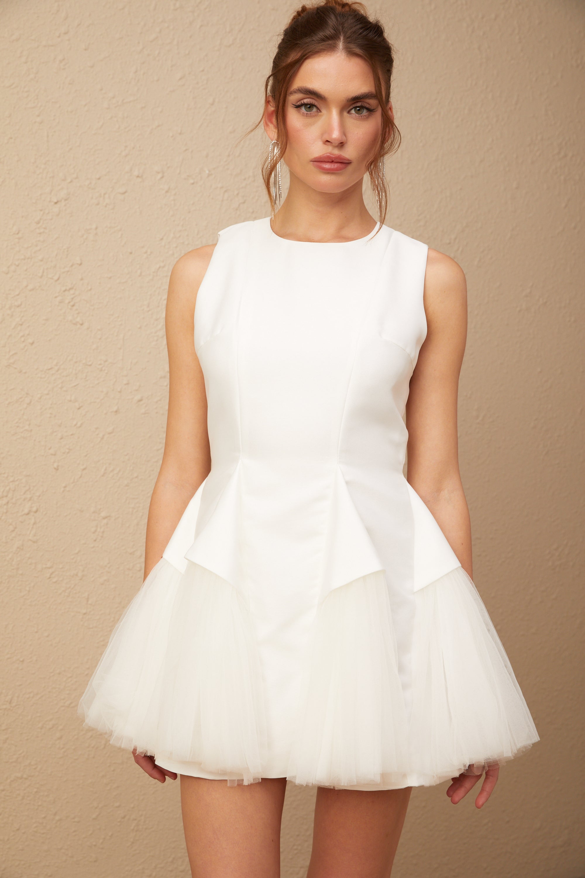 Assunta white puff tulle panelled mini dress