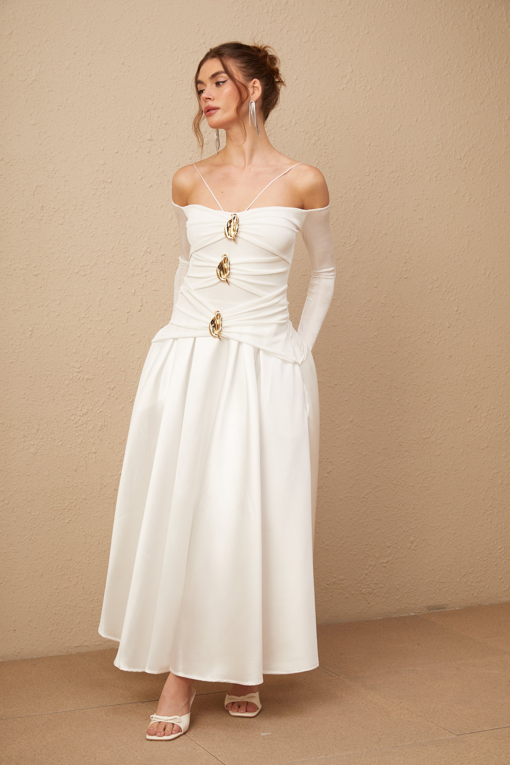 Nadine white off-shoulder panelled maxi dress