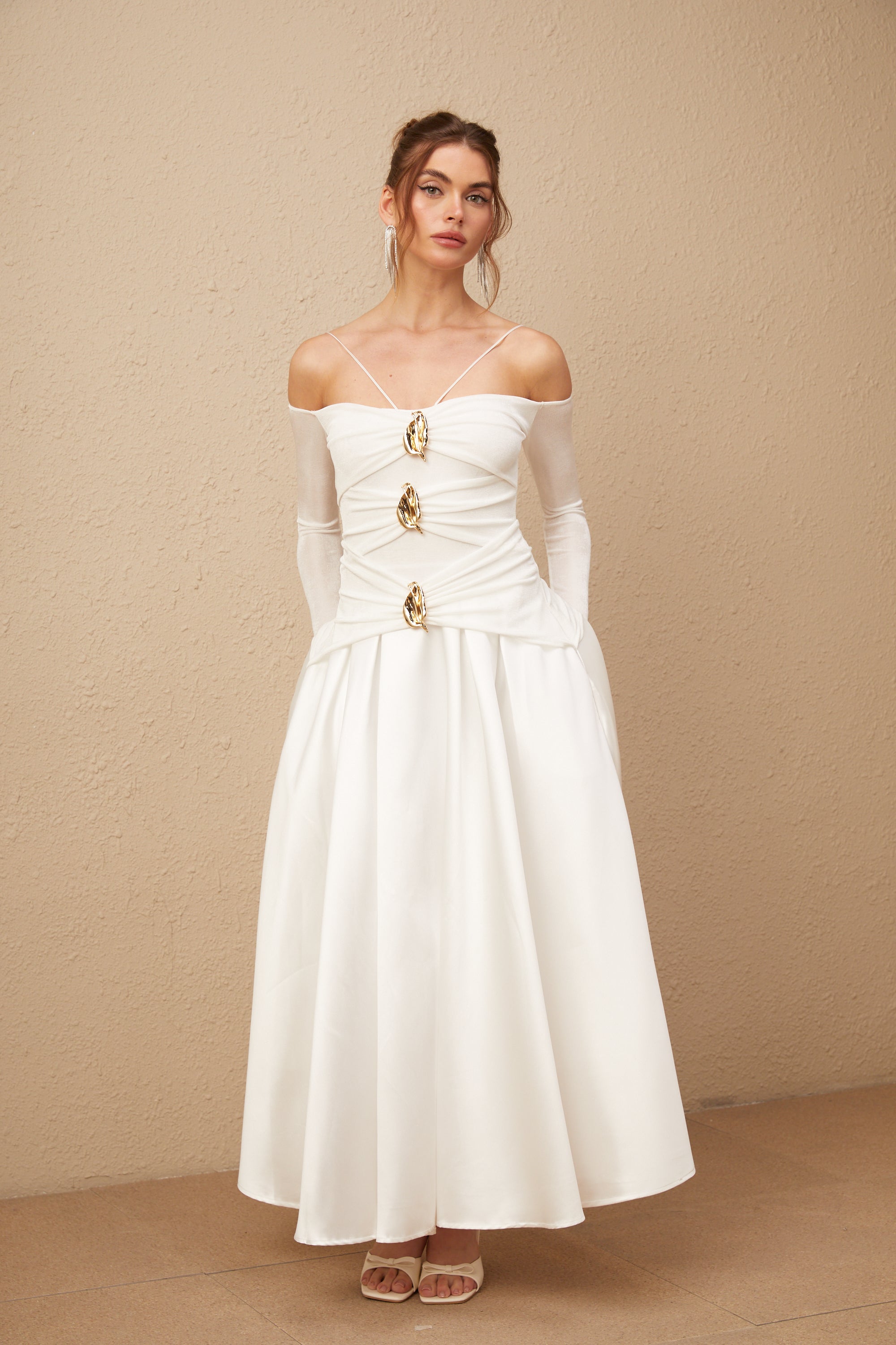 Nadine white off-shoulder panelled maxi dress